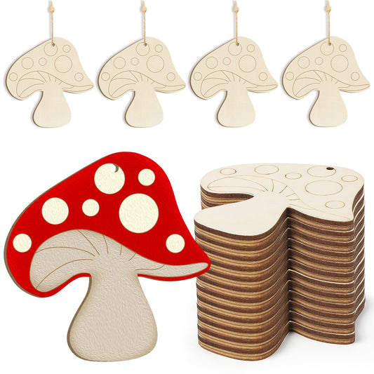 Wooden Spring Ornaments to Paint Mushroom Decoration Cutouts Unfinished 24PCS 3.5 x 3 inches, DIY Blank Unfinished Mushroom Wood Discs Ornament for Home Crafts Hanging Decoration