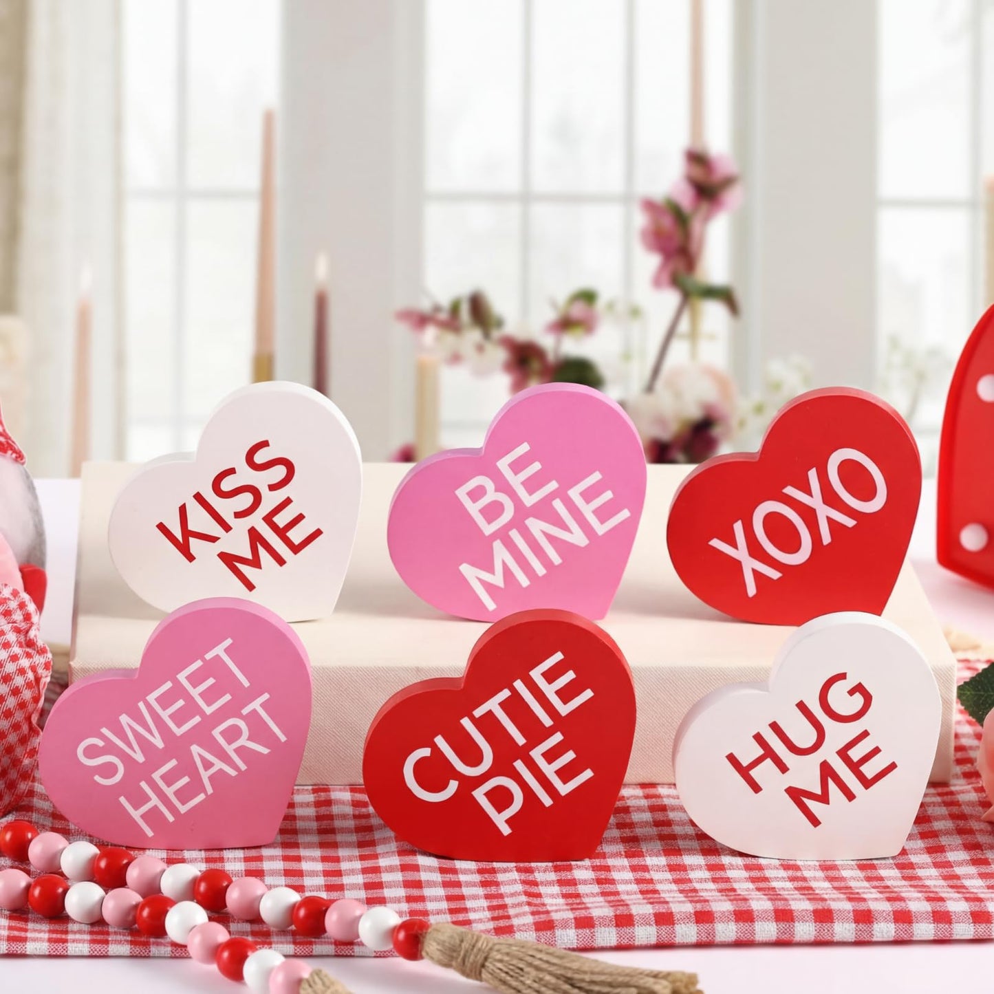 6 Pcs Valentines Day Decorations Small Heart Wood Signs Table Decor Love Candy Table Blocks Centerpiece Tiered Tray Decor for Home Office Mantel Shelf Gift