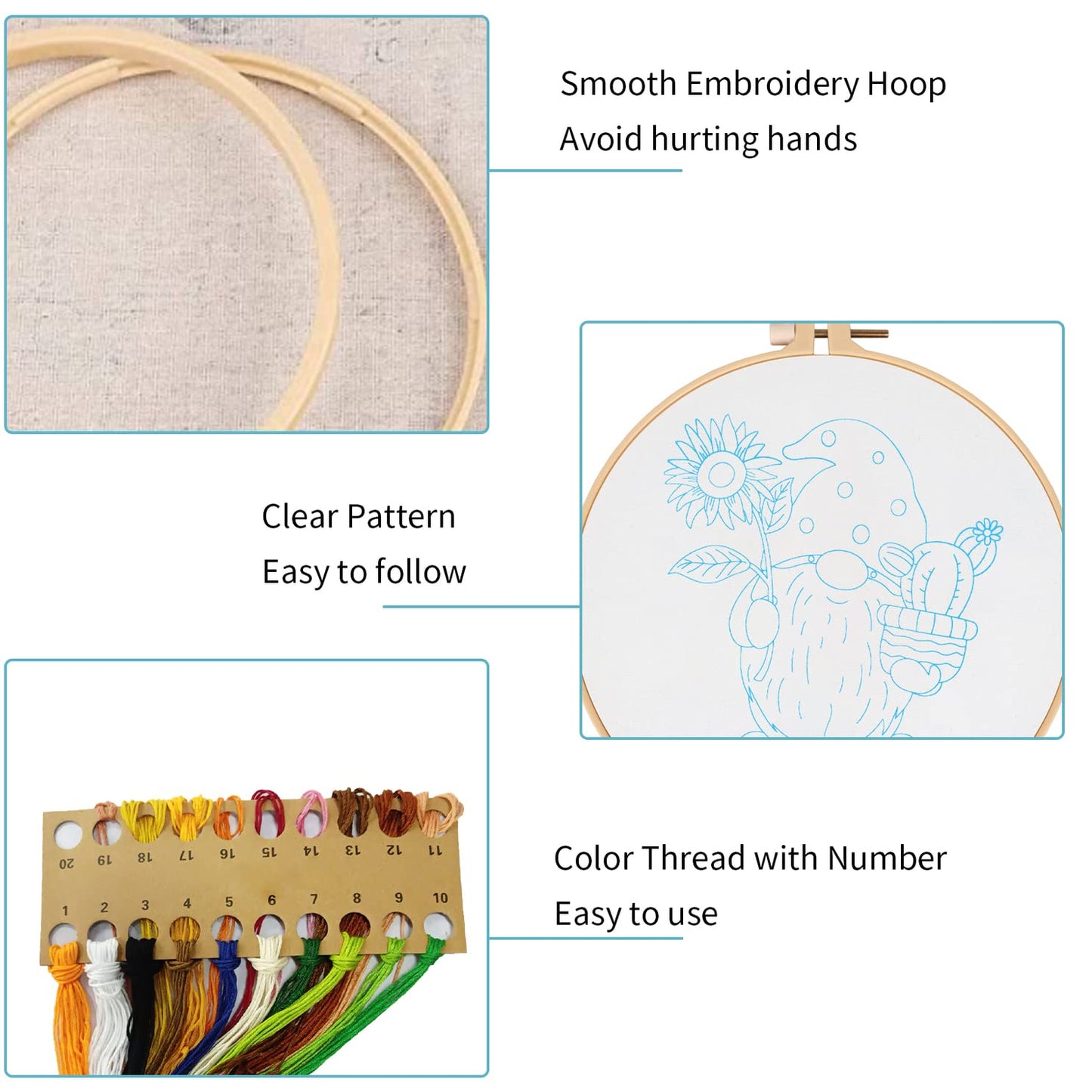 Sunflower Embroidery Kit for Beginners, Full Set of Stamped Gnome Cross Stitch Kit for Adults Including Threads, Hoops and Instruction
