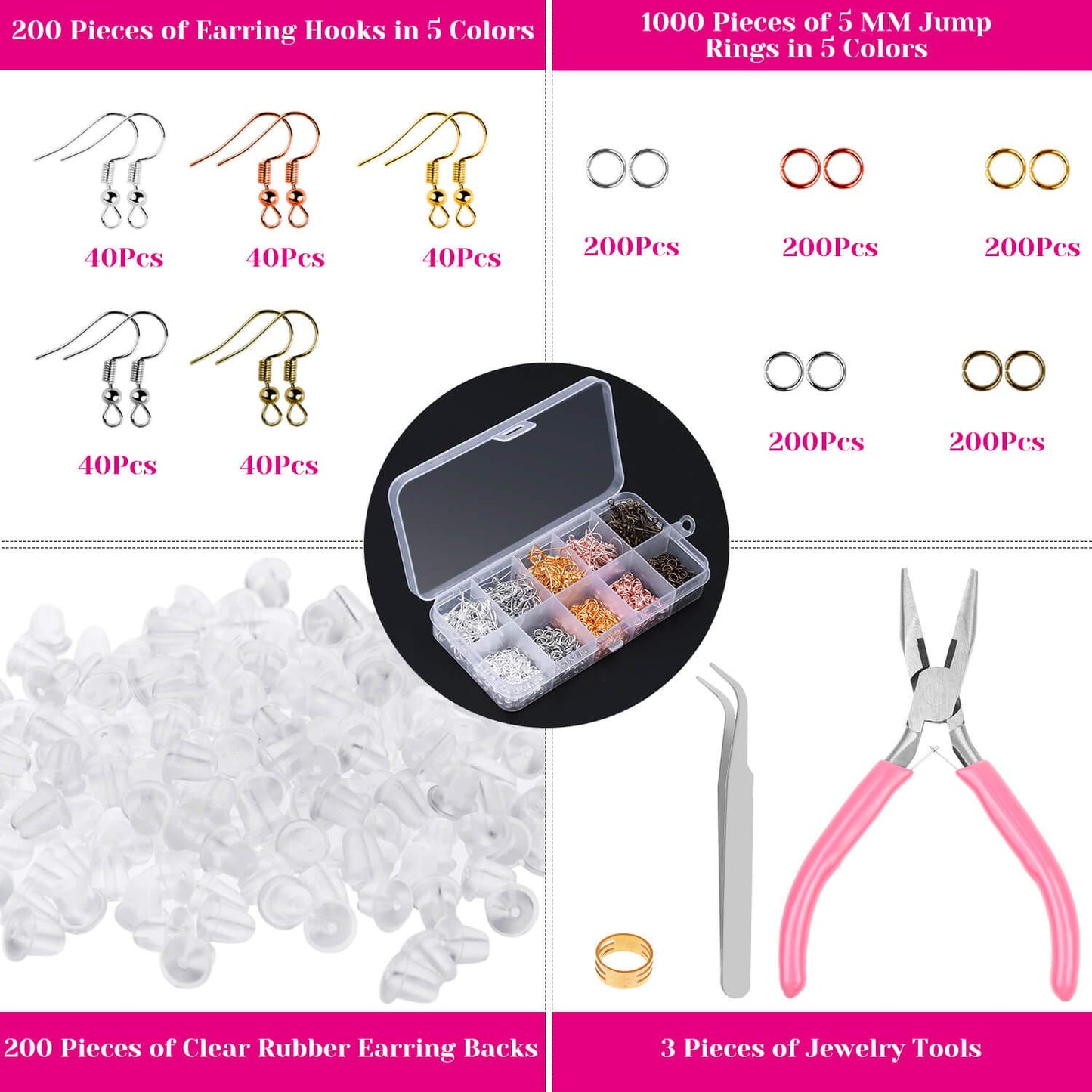 Earring Hooks, Audab 1400pcs Making Kit with 200pcs Ear Ring 1000pcs Jump Rings, Backs and Jewelry Pliers for Supplies Findings