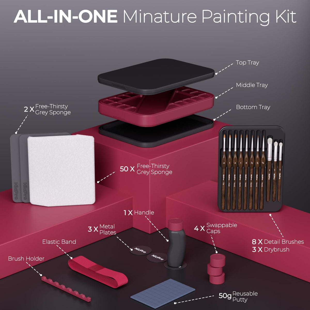 Nicpro Miniature Painting Kit with Wet Palette, Painting Handle & Brushes