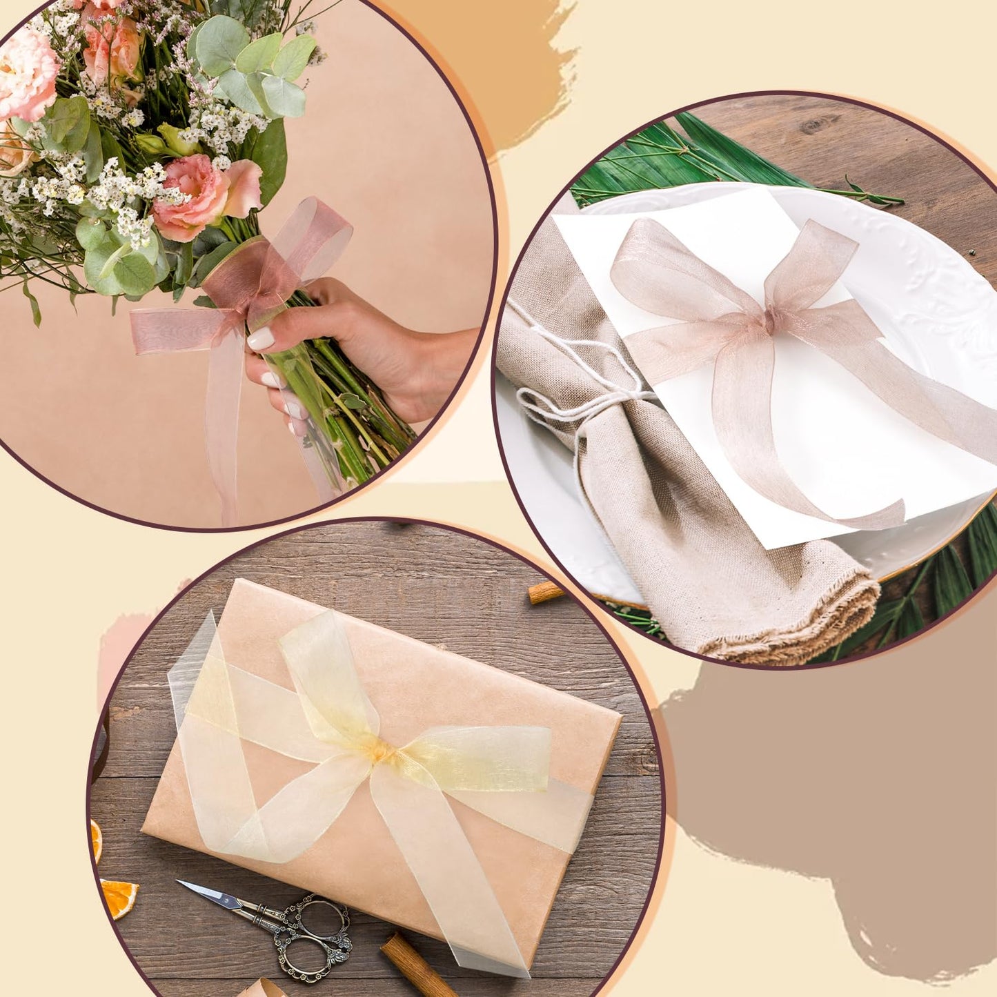 Sheer Ribbon Organza Ribbon 1 Inch x 150Yd 6 Rolls Brown Sheer Chiffon Ribbon Sheer Organza Ribbon Clear Fabric Ribbon for Gift Wrapping Wedding Bouquet Christmas Tree Decor Bows DIY Crafts