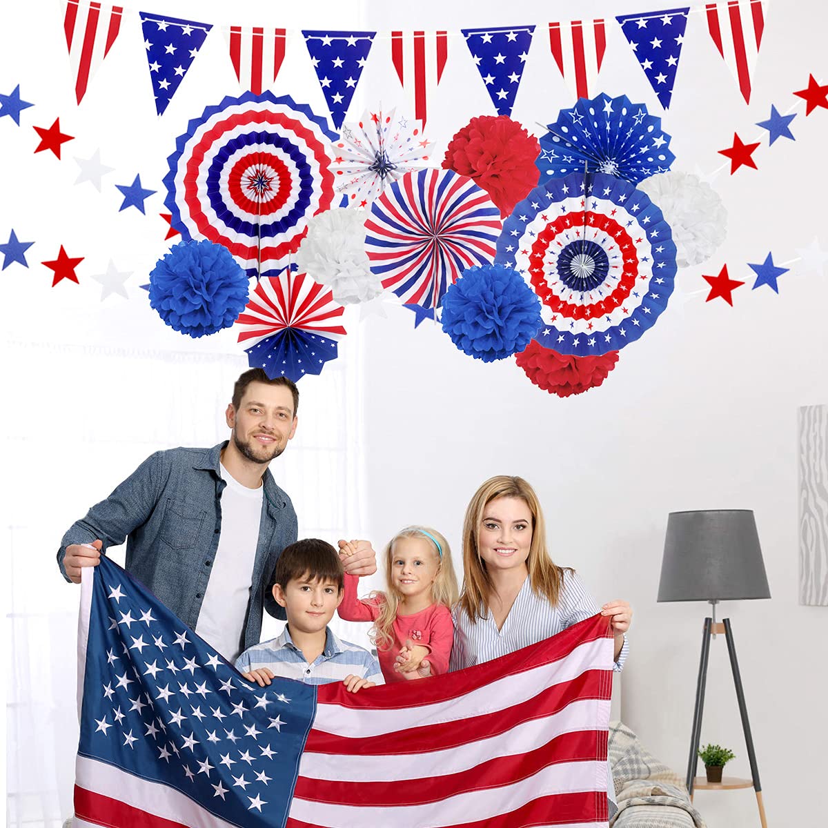 MOVINPE 4th of July Patriotic Party Decorations Set, American Flag Hanging Paper Fans, PomPoms Flowers, Foil Fringe Curtain, Star Streamers, USA Pennant Bunting Independence Day Party Supplies
