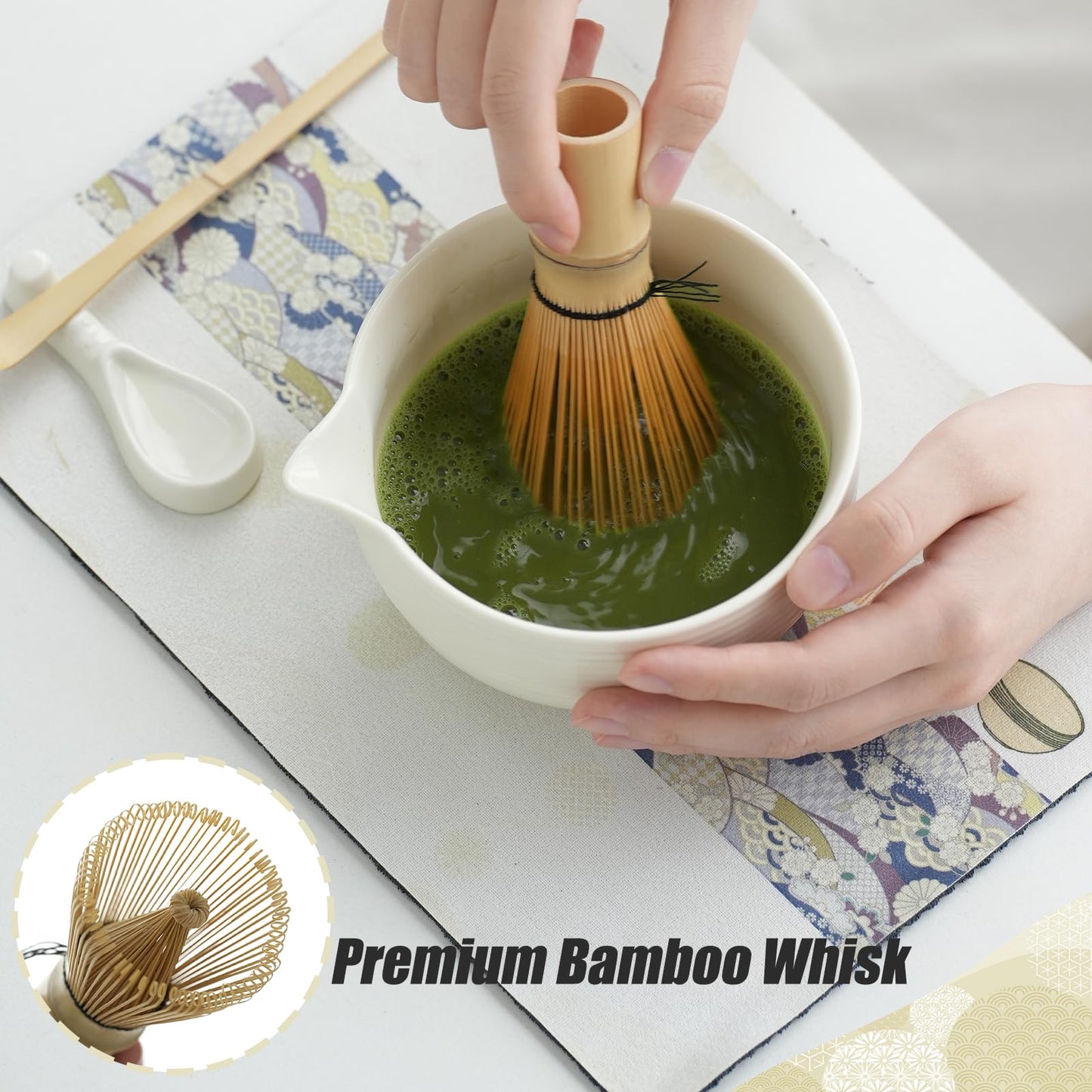 Matcha Whisk Set, Ceramic Matcha Set, Matcha Bowl with Spout and Whisk,9 pcs Matcha Tea Kit for Matcha Lovers, Ideal Gift Christmas, Birthday（Beige）