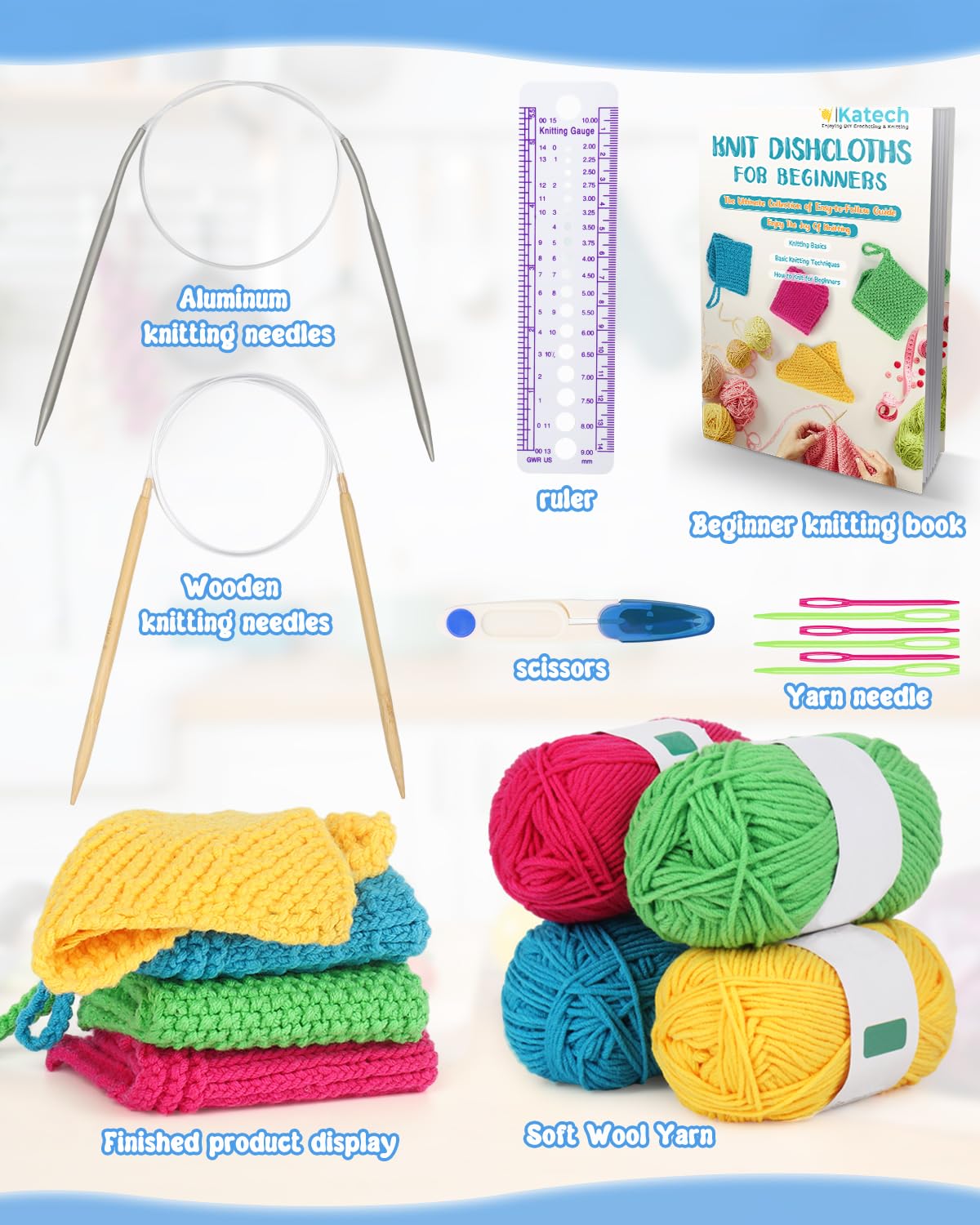 Katech Knitting Kit for Beginners - Learn to Knit Dishcloth - Adults & Kids Knitting Kit with Knitting Book, Needles, Yarn, Yarn Needle, Craft Kits Gift (Beginner to Expert)