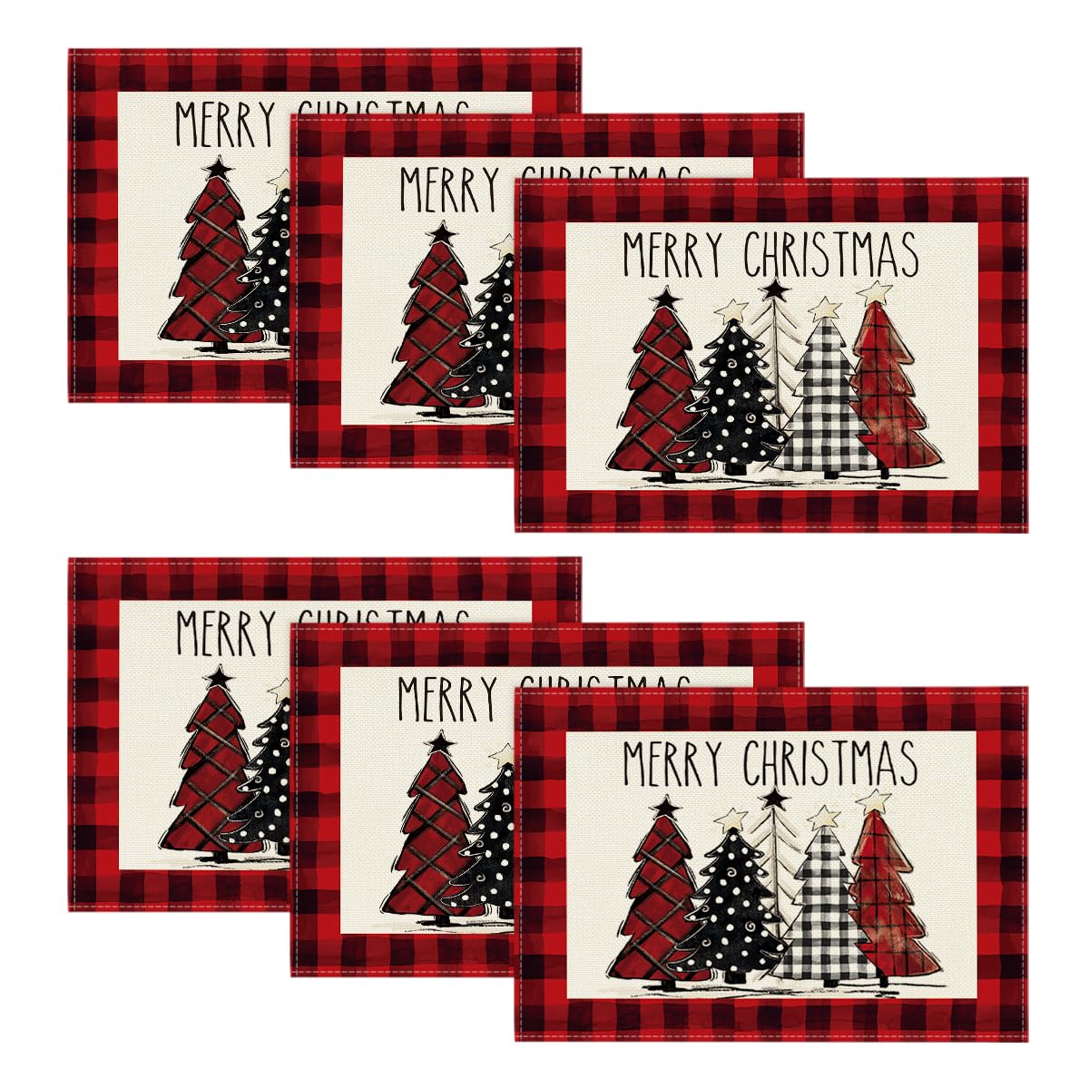 Artoid Mode Red and Black Buffalo Plaid Christmas Trees Placemats Set of 6, 12x18 Inch Winter Table Mats for Outdoor Home Party Kitchen Dining Decor