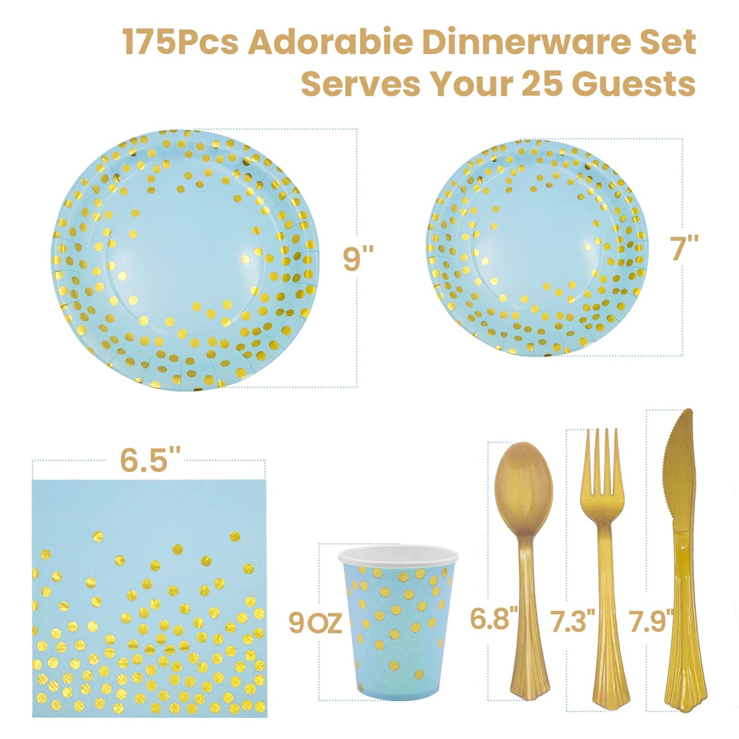 AIRE 175Pcs Blue and Gold Paper Plates Dinnerware Sets for 25 Guests, Party Decorations Paper Plates Party Supplies Gold Plastic Forks Knives Spoons, Golden Dot Napkins Cups For Birthday Baby Shower