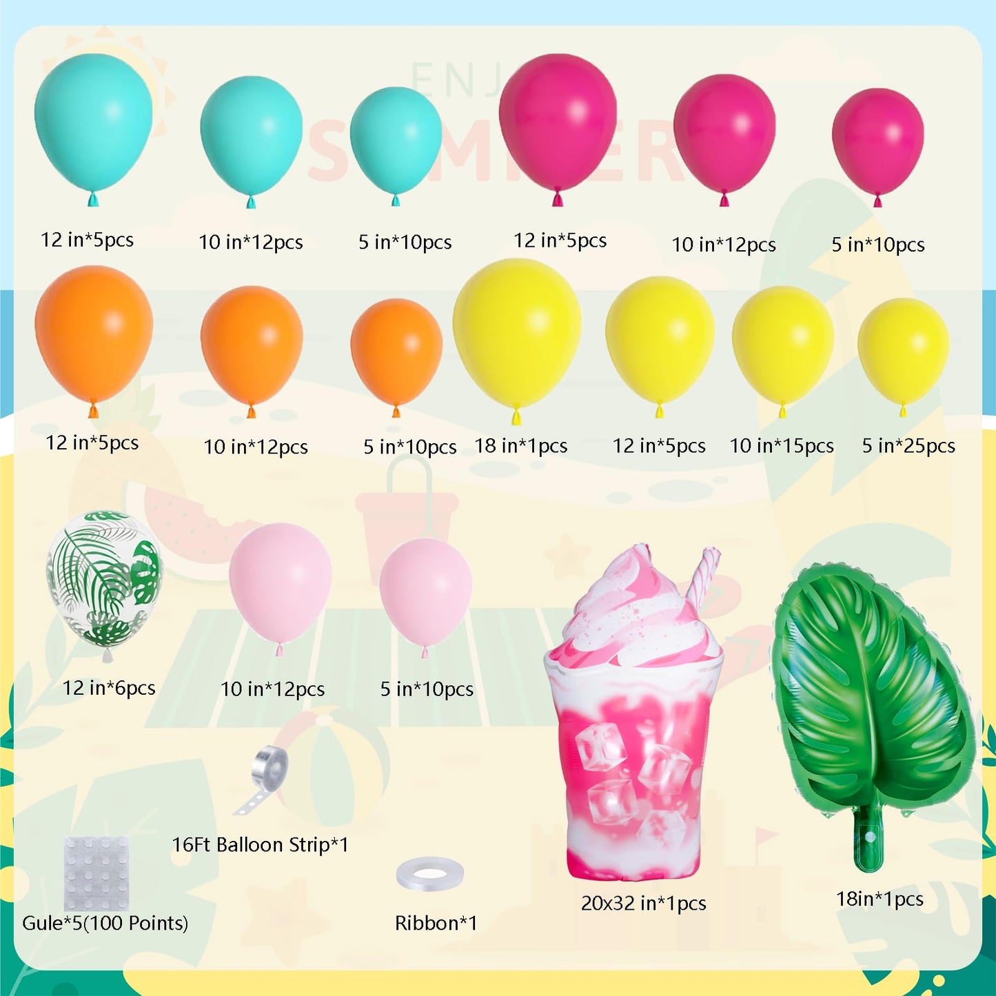 DBKL Tropical Balloon Arch Garland Kit, Luau Hawaiian Party Decorations, Rose Orange Yellow Blue Green Palm Leaves Balloons for Tropical Hawaiian Summer Birthday Pool Party Supplies