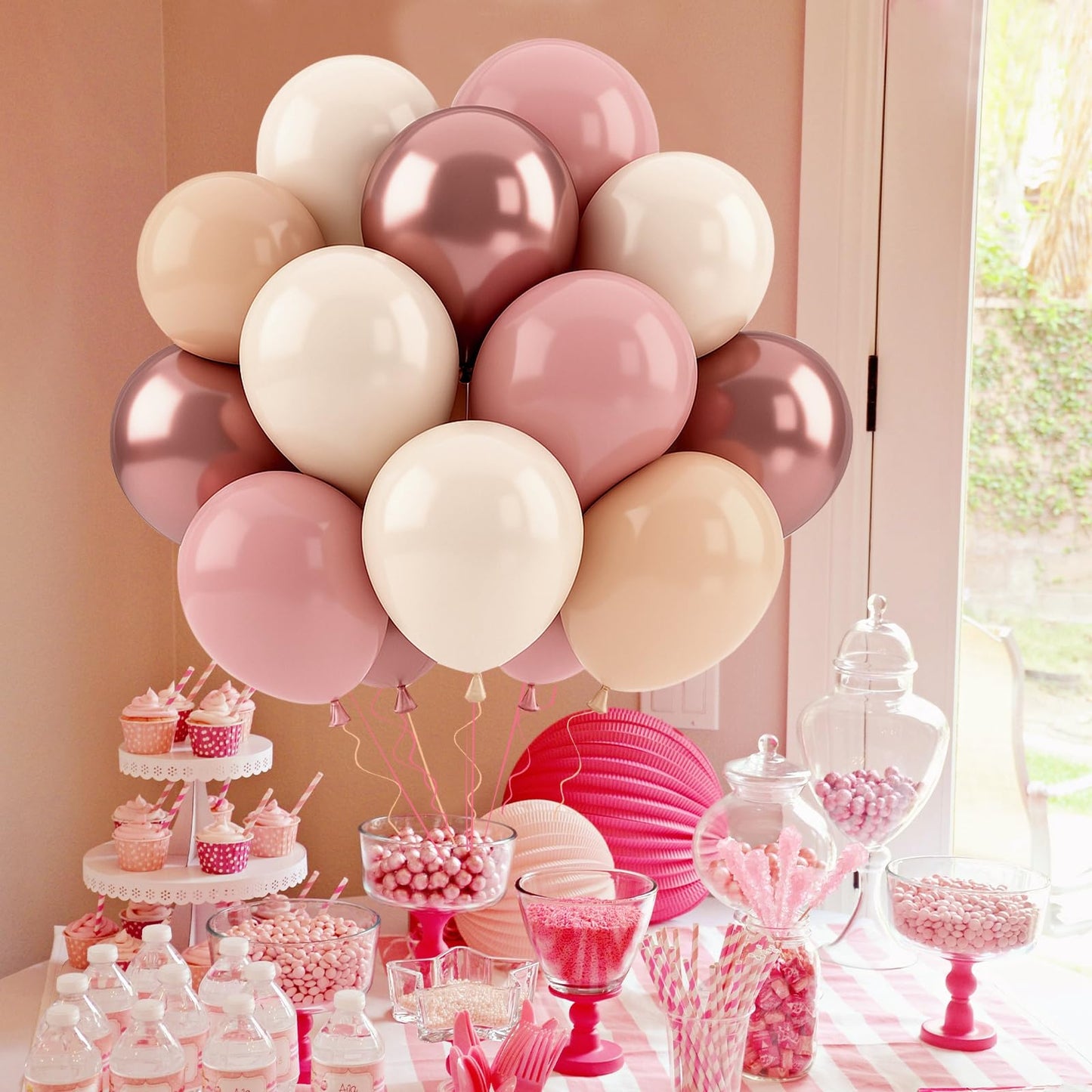 Patimate Retro Blush Pink Balloons Set, 50 pcs 12 inch Metallic Rose Gold Dusty Pink Pastel Orange Nude Latex Balloons Kit for Birthday Bridal Shower Bachelorette Boho Baby Shower Party Decorations