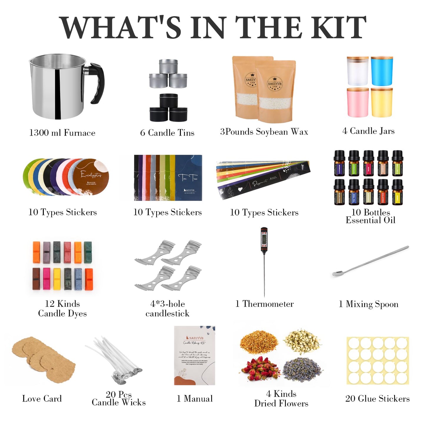 Candle Making Kit - DIY Starter Soy Candle Making Supplies/Kit - Soy Wax, 10 Jars & Tins, 10 Pleasant Scents, Color Dyes & More，Perfect Candle Making Kit for Adults