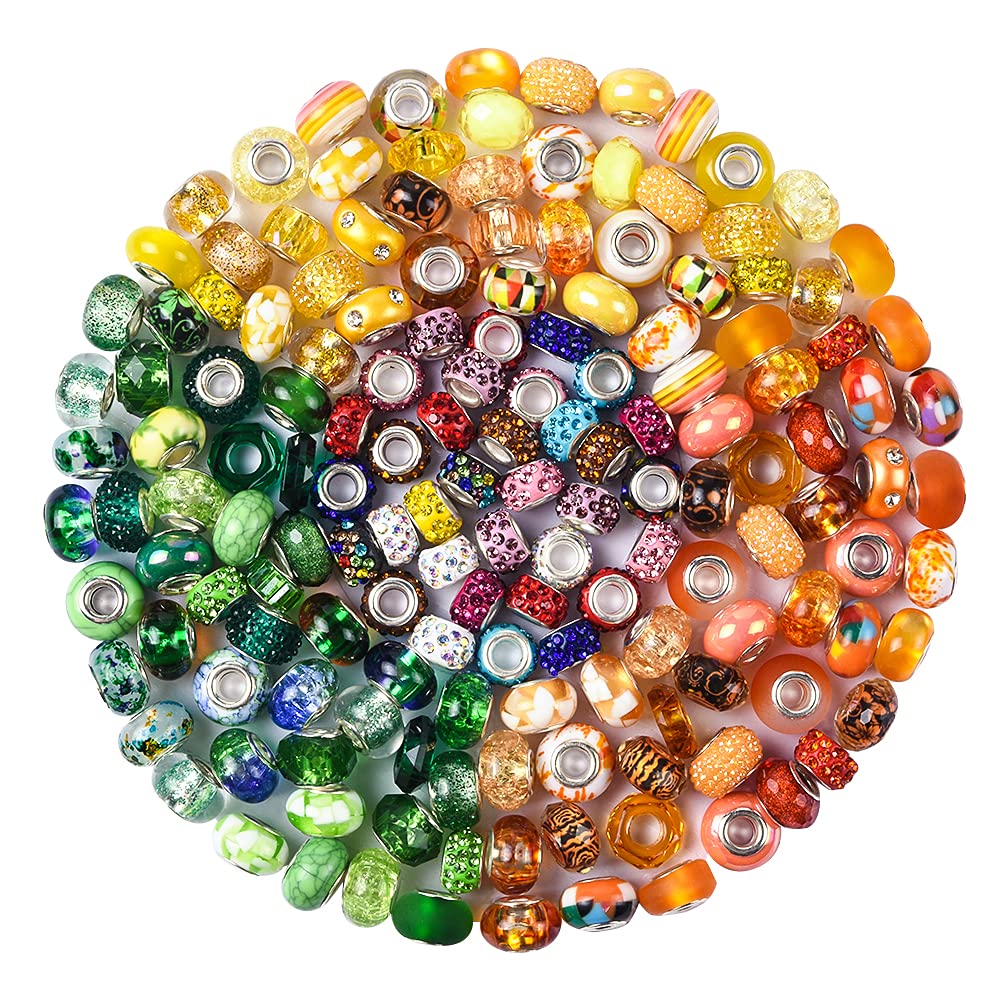 Aipridy Assortment European Large Hole Beads Spacer Beads Rhinestone Craft Beads for DIY Charms Bracelet Jewelry Making (Green-Orange-Lemon)