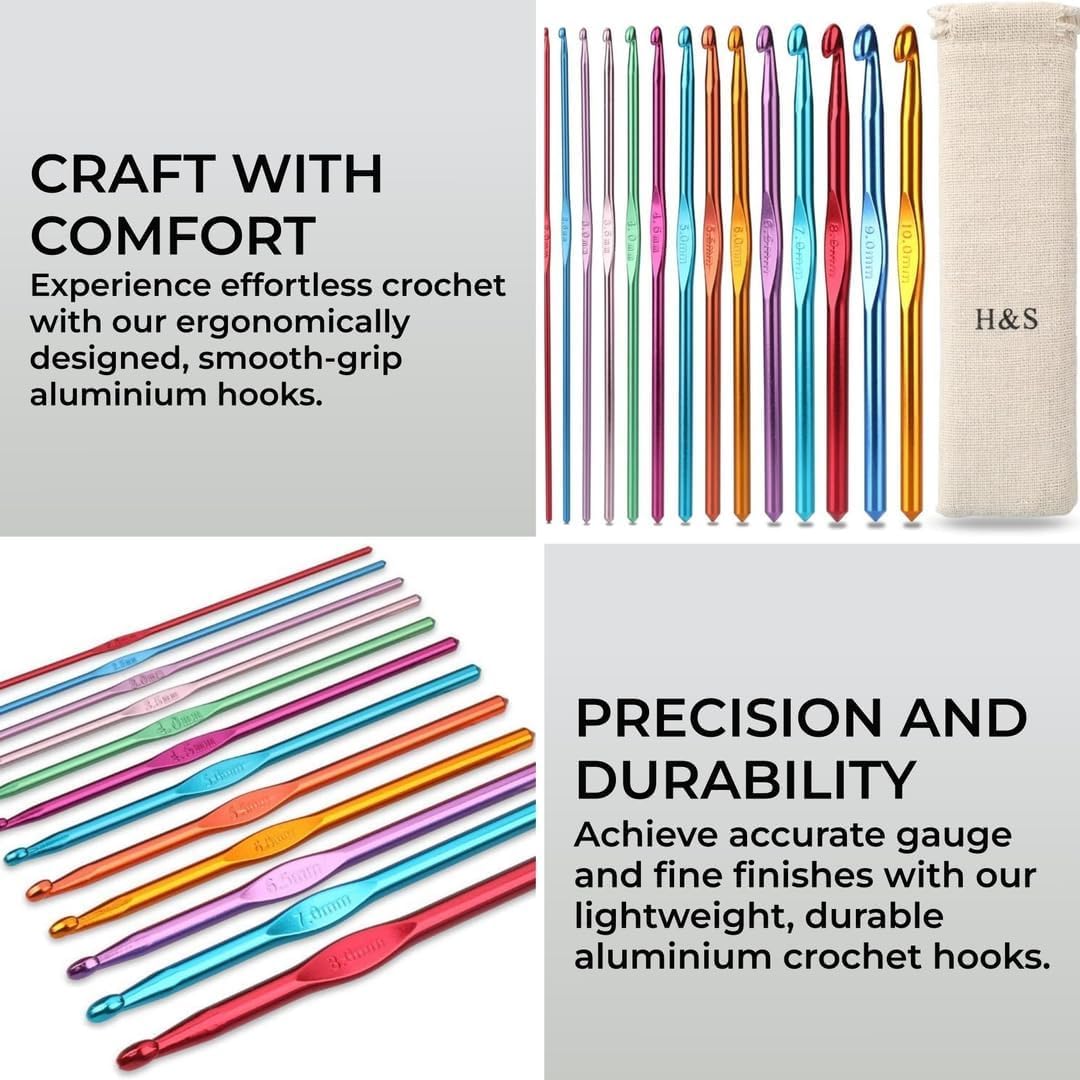 H&S Crochet Hooks Set Aluminium 14pcs Needles with Pouch Case 2mm 2.5mm 3mm 3.5mm 4mm 4.5mm 5mm 5.5mm 6mm 6.5mm 7mm 8mm 9mm 10mm