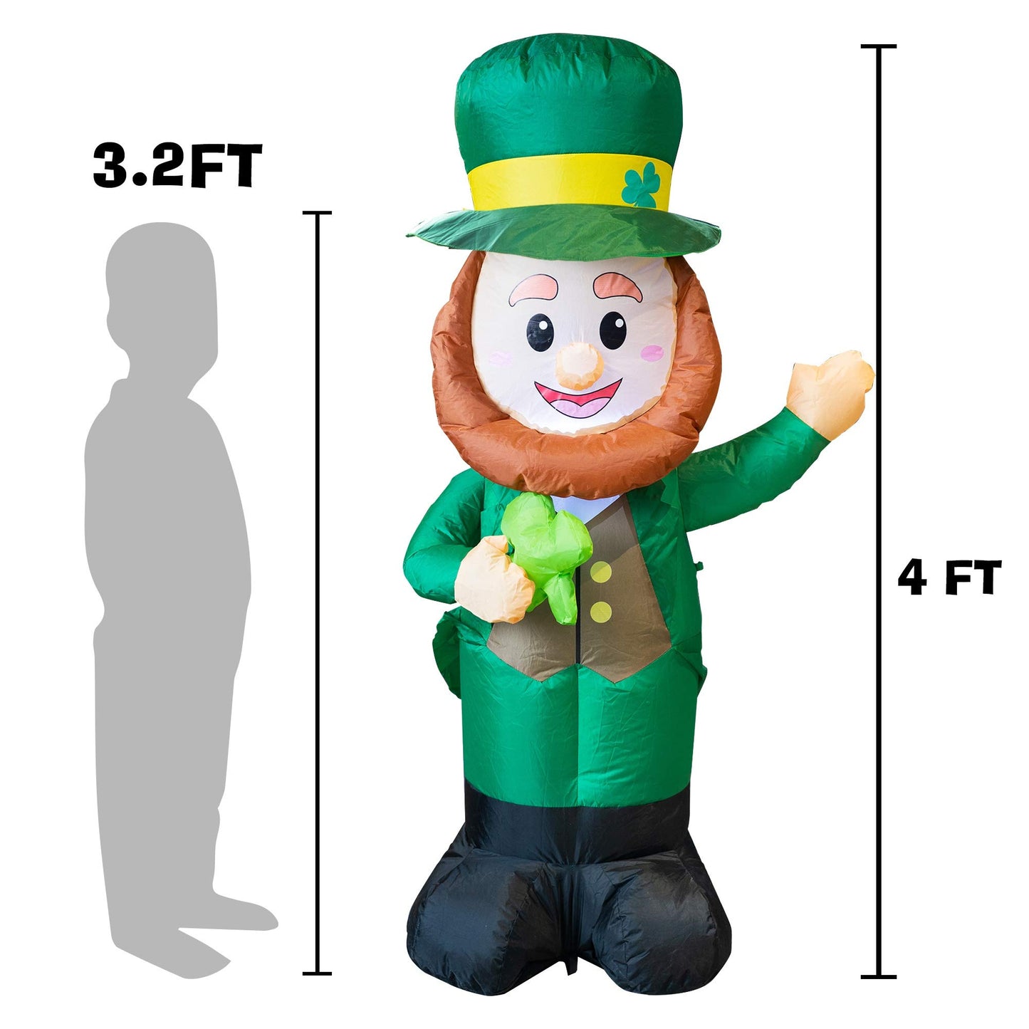 4 Feet Inflatable St Patrick's Day Decoration, Blow Up Leprechaun with Green Hat and Lucky Clover in Hand for Indoor Outdoor Lawn Yard