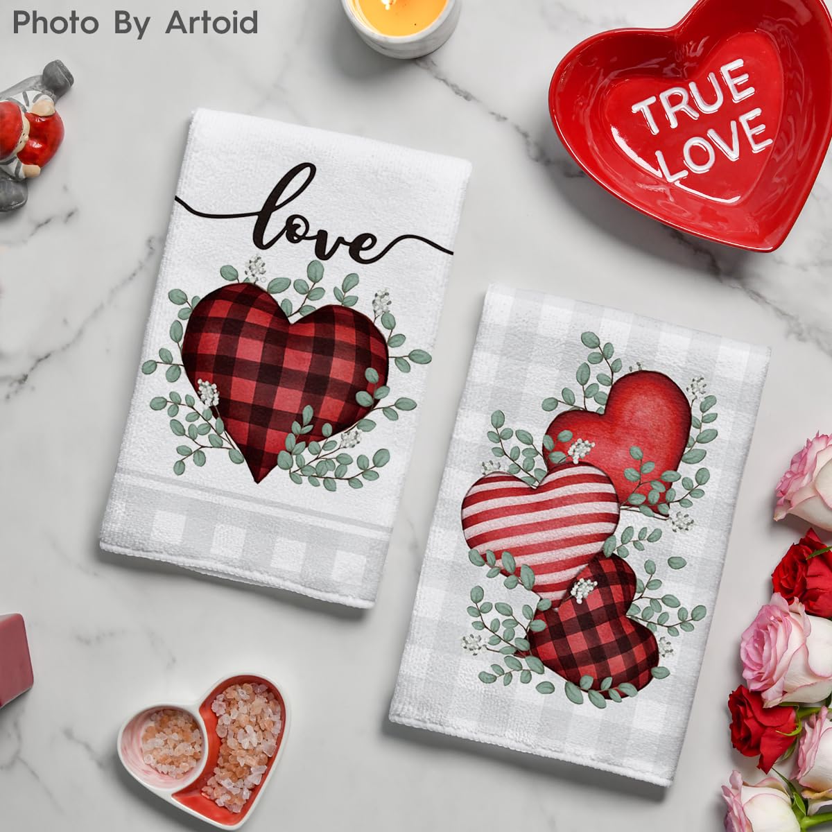 Artoid Mode Red Buffalo Plaid Heart Love Valentine's Day Kitchen Towels Dish Towels, 18x26 Inch Anniversary Wedding Decoration Hand Towels Set of 2