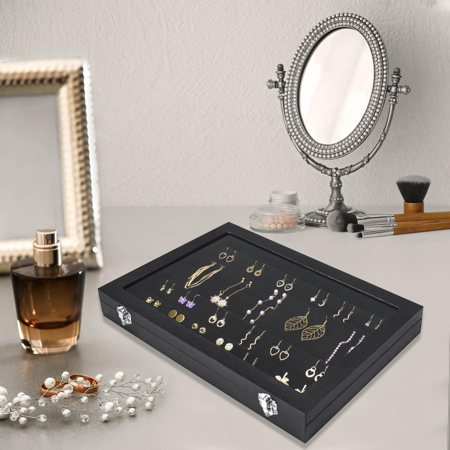 Bivisen Earring Organizer Tray, Jewelry Tray with Lid, Earring Storage Box, and Jewelry Display Case, Keep Your Earrings Organized and Secure with This Stylish and Functional Earring Tray (Black)