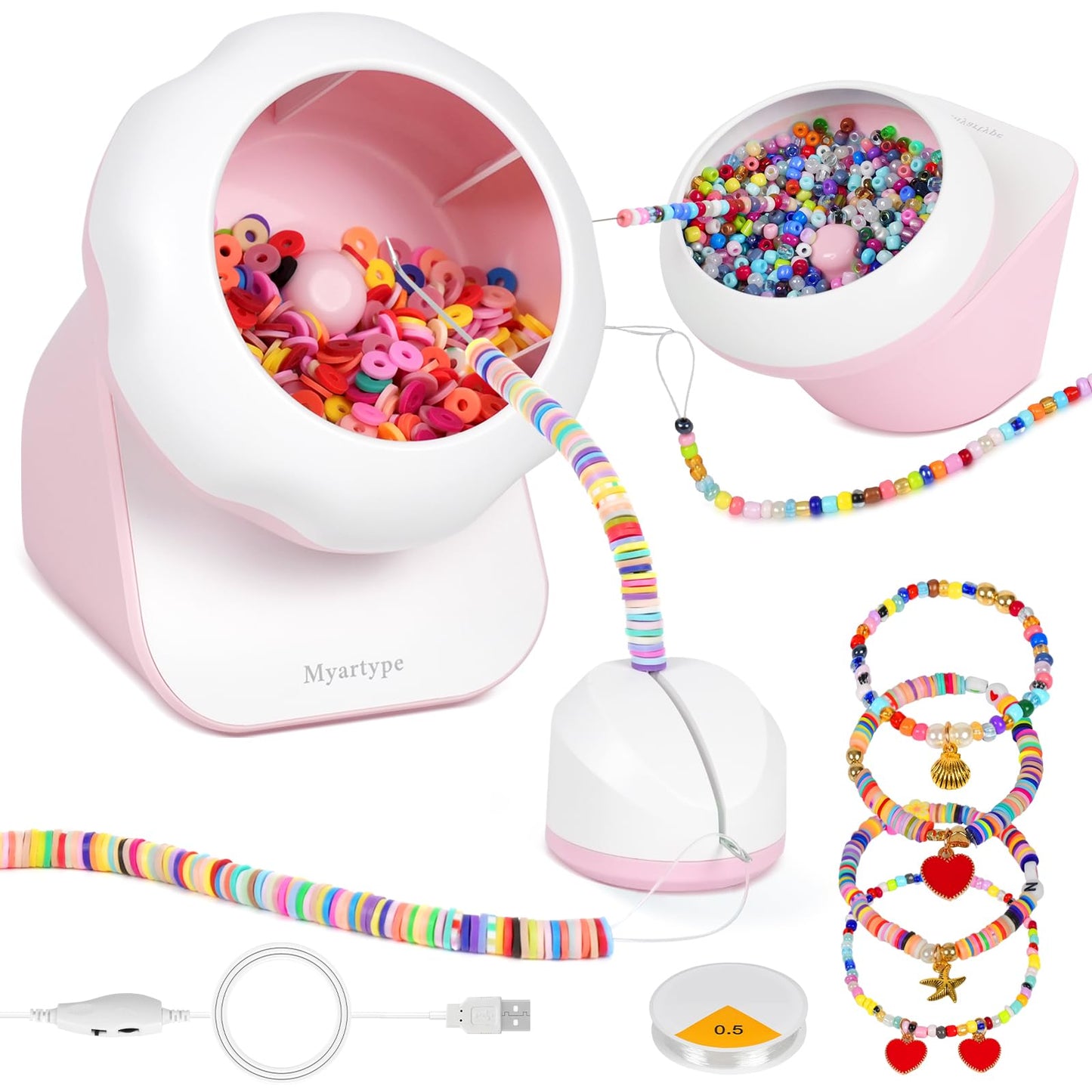 Clay Bead Spinner and Seed Bead Spinner, 2-in-1 Electric Bead Spinner for Jewelry Making, Bracelet Spinner and Necklace Making Machine with Bead Needles and Thread (Pink)