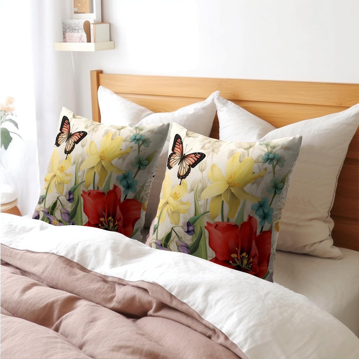 Spring Summer Flower Outdoor Decorative Pillow Covers 18x18 Inch Set of 2 Floral Butterfly Throw Pillows Spring Farmhouse Pillowcases Cotton Linen Cushion Covers for Couch Bed Sofa Chair Home Decor