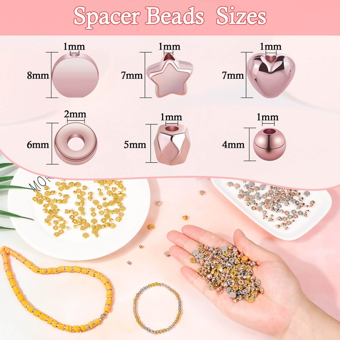 2160 Pieces Gold Spacer Beads Set, Assorted Round Star Gold Beads for Bracelet Jewelry Making(Gold, Sliver, Rose Gold, KC Gold)