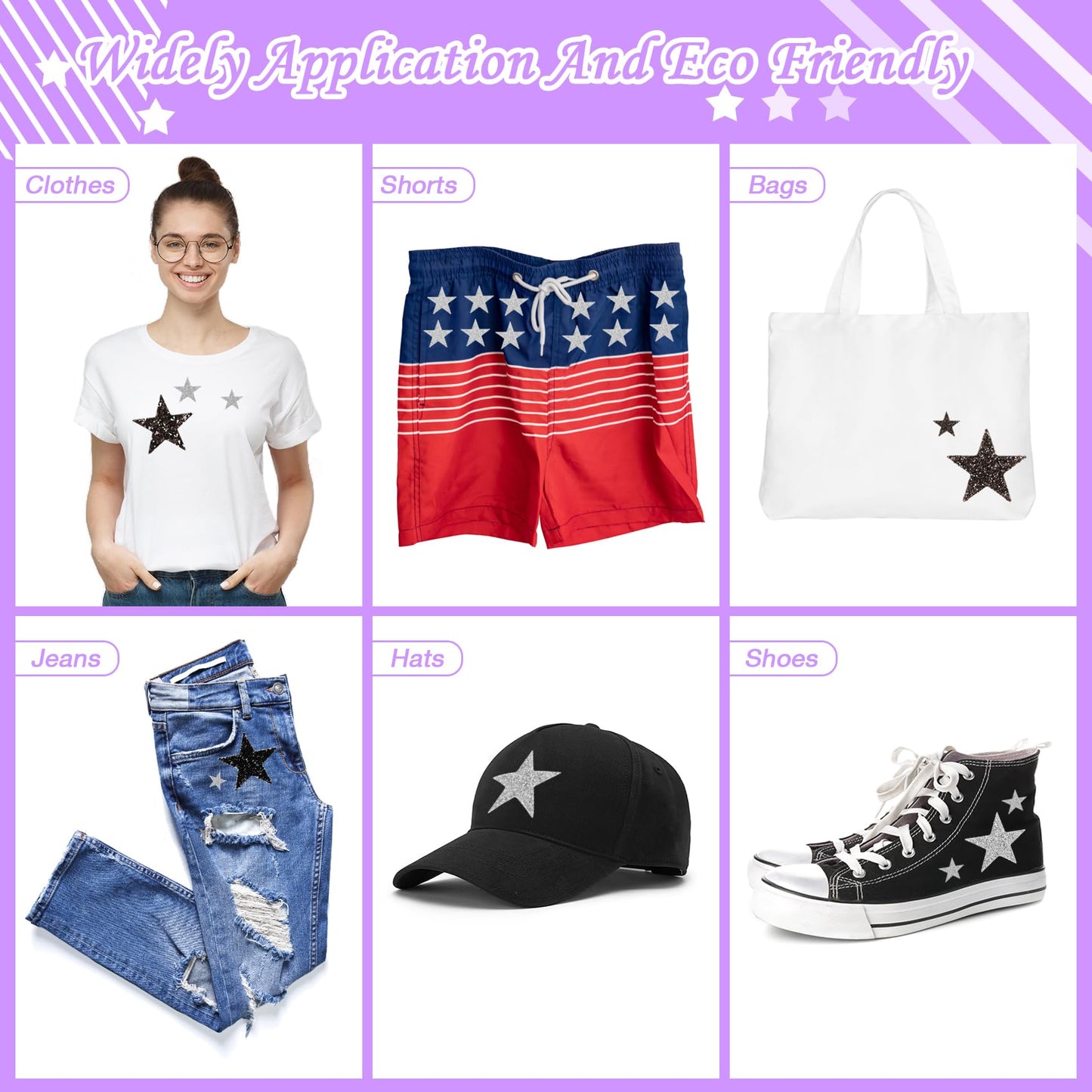 32Pcs Star Appliques Iron on Patches for Hats, Jeans, Clothing, Shirts, Iron on Glitter Star Applique, Rhinestone Stars Iron on Patches for DIY Crafts (Silver, Mixed Size)