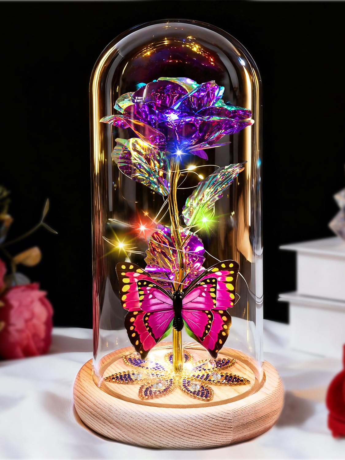 Birthday Gifts for Women Galaxy Glass Rose Forever Preserved Flowers for Delivery Light Up Rose in Glass Dome Mothers Day Butterfly Gifts for Mom Wife Grandma Her Daughter Girlfriend