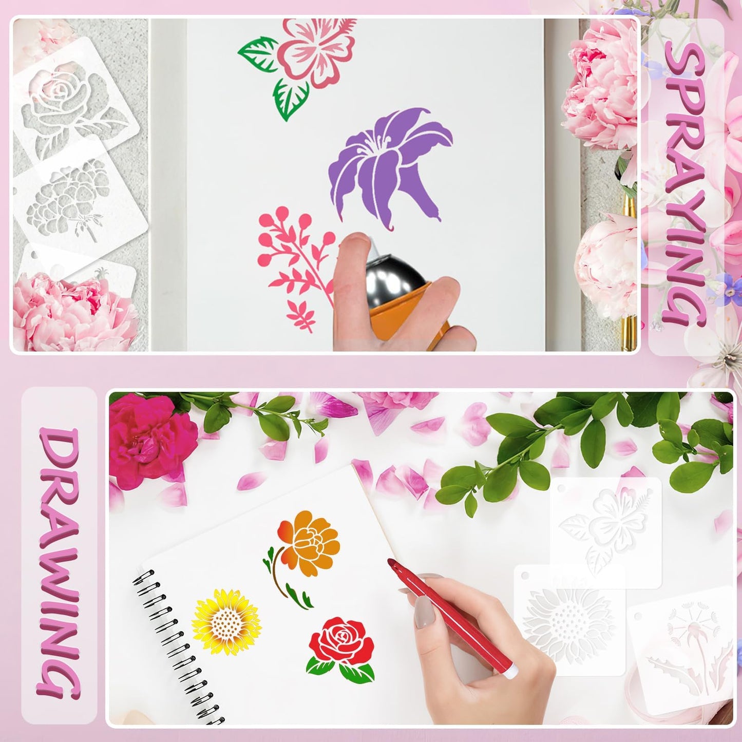 JULMELON Flower Stencils for Wood, 20Pcs Sunflower Painting Stencil Reusable Stencils DIY for Wall Floor Decor Rock Dot Painting Art Projects (3inch)