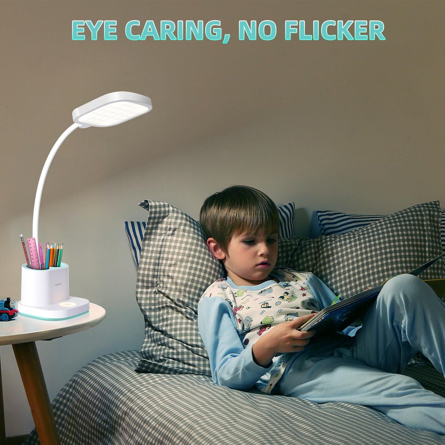 Hacevida LED Small Desk Lamp for Home Office Bedroom, Dimmable Reading Light with USB Charging Port, Eye-Caring, Rechargeable Study Lamp for Kids Student with Pen Holder, Table Lamp 360°Adjustable Arm