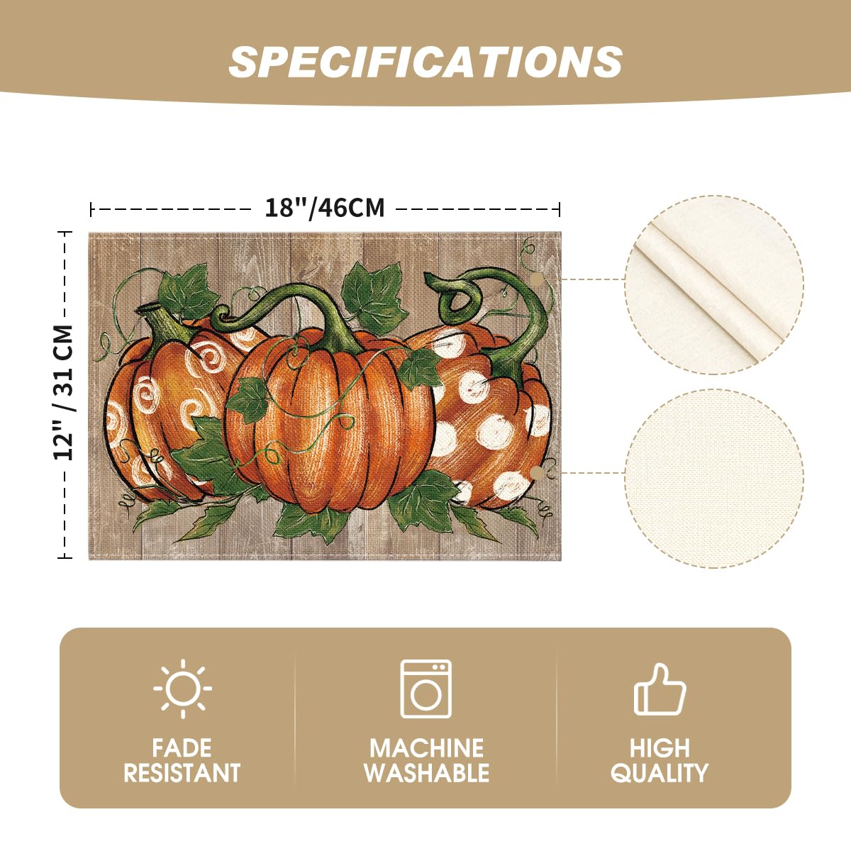 Artoid Mode Polka Dot Pumpkins Vine Thanksgiving Placemats Set of 4, 12x18 Inch Seasonal Fall Table Mats for Party Kitchen Dining Decoration