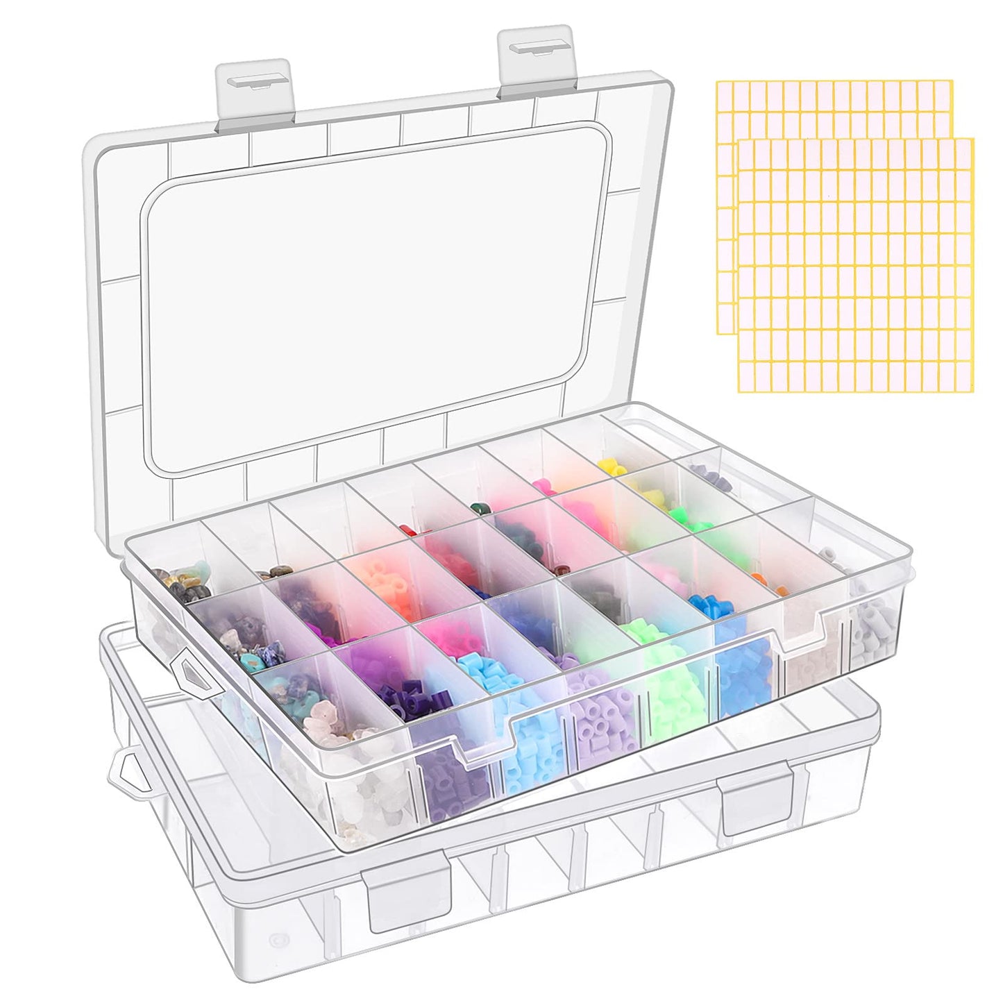 2 Pack 24 Grids Clear Plastic Organizer Box, Storage Container with Adjustable Divider, Craft and Bead Storage Organizer Box for DIY Jewelry Tackles with 2 Sheets Label Stickers