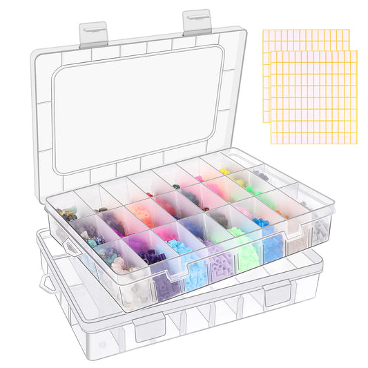 2 Pack 24 Grids Clear Plastic Organizer Box, Storage Container with Adjustable Divider, Craft and Bead Storage Organizer Box for DIY Jewelry Tackles with 2 Sheets Label Stickers