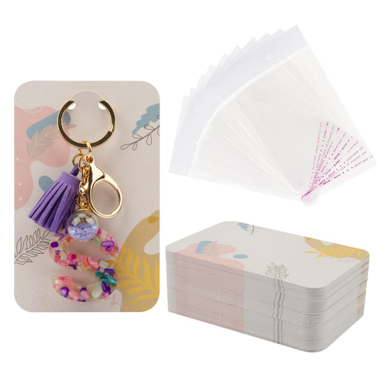 Temlum 100 Pcs Keychain Display Cards with Self-Sealing Bags, 3'' x 4.7'' Keychain Cards Holder for Display Keyring Cards Jewelry Packaging Supplies (Plant)