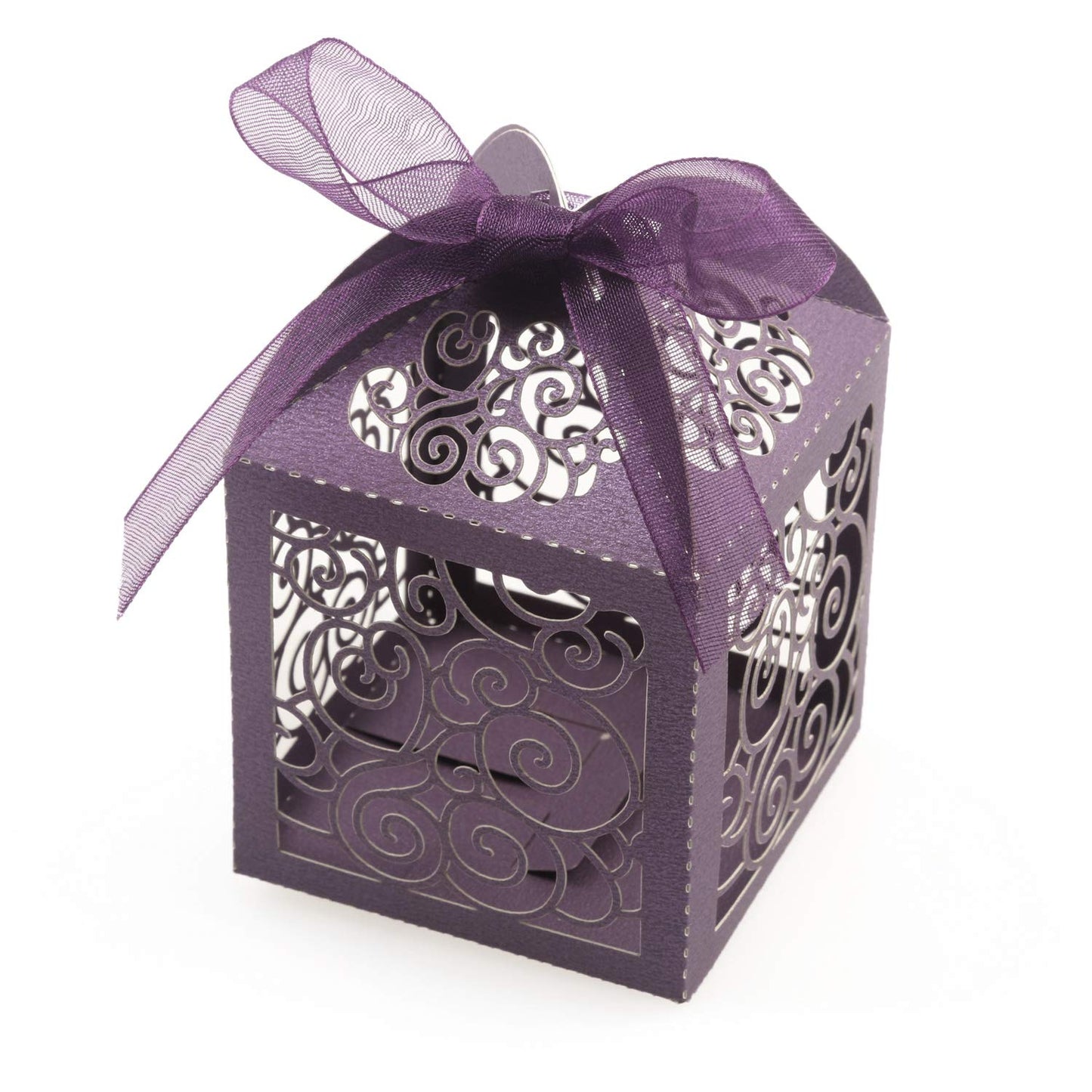 KPOSIYA 100 Pack Wedding Favor Boxes Laser Cut Boxes Party Favor Box Small Gift Boxes Lace Candy Boxes for Wedding Bridal Shower Baby Shower Birthday Party Anniverary with Ribbons (Purple, 100)