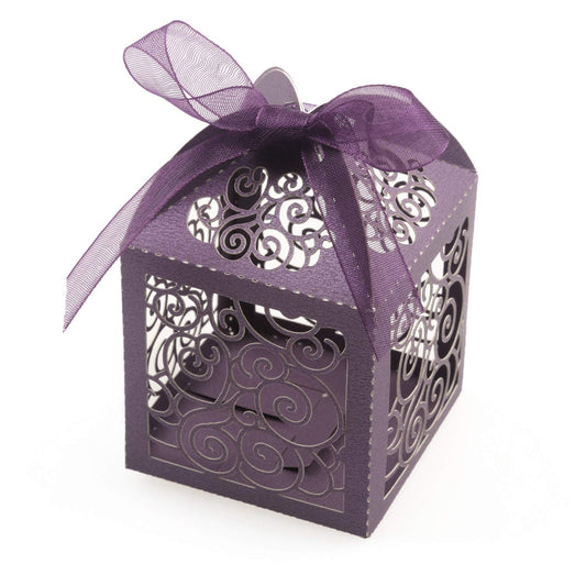 KPOSIYA 100 Pack Wedding Favor Boxes Laser Cut Boxes Party Favor Box Small Gift Boxes Lace Candy Boxes for Wedding Bridal Shower Baby Shower Birthday Party Anniverary with Ribbons (Purple, 100)