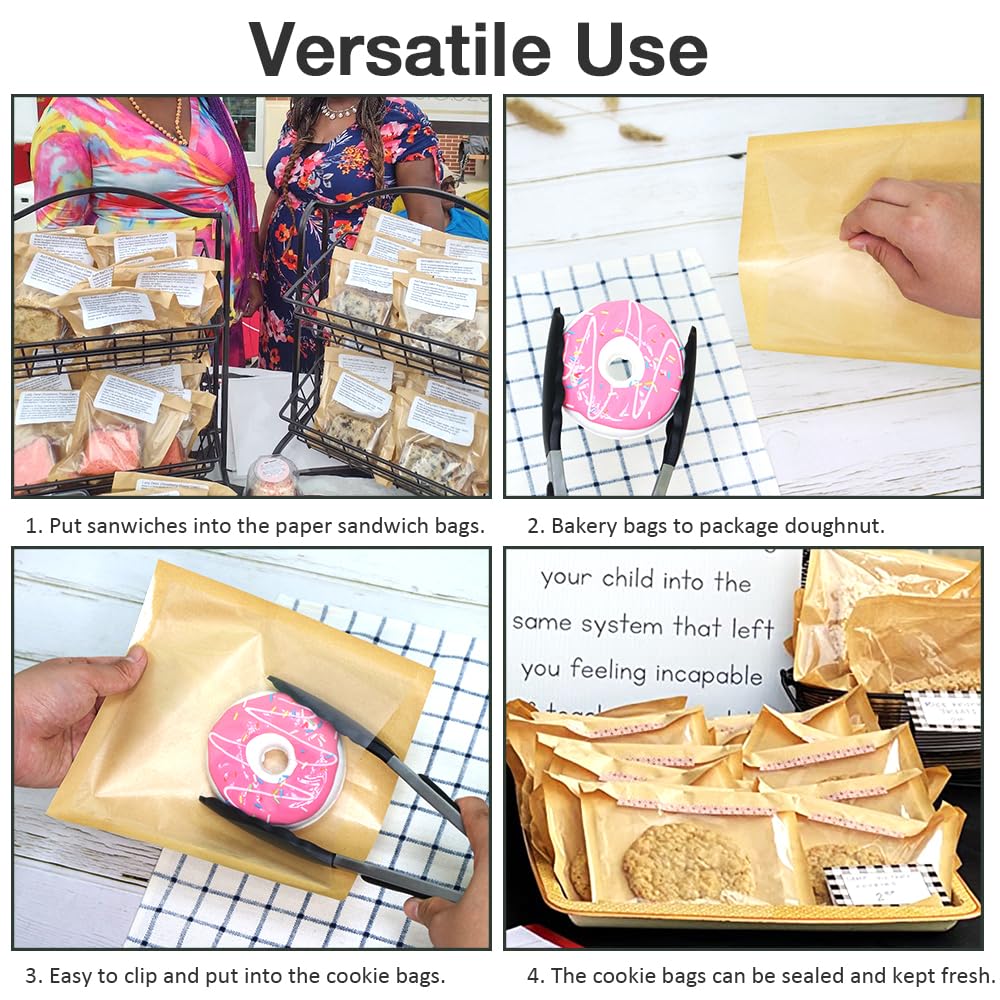 Goalfly 200 Pcs Bakery Bags with Window, 7.1 x 7.5 Inches Paper Donut Bags To Go, Pastry Bags for Baked Goods, Cookies, Treats, Candies, Sandwiches (Brown)