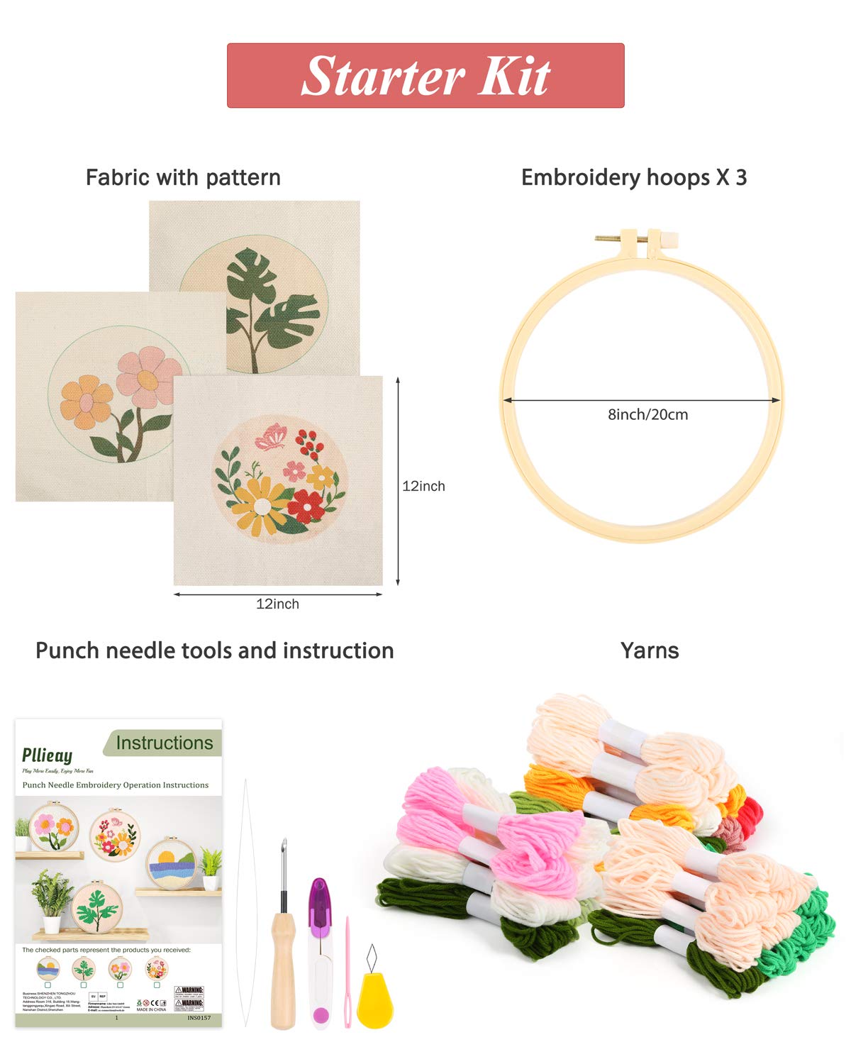 Pllieay 3 Set Punch Needle Embroidery Starter Kits Include Instruction, Punch Needle Fabric with Pattern, Yarns, Embroidery Hoops for Rug-Punch & Pinch Needle