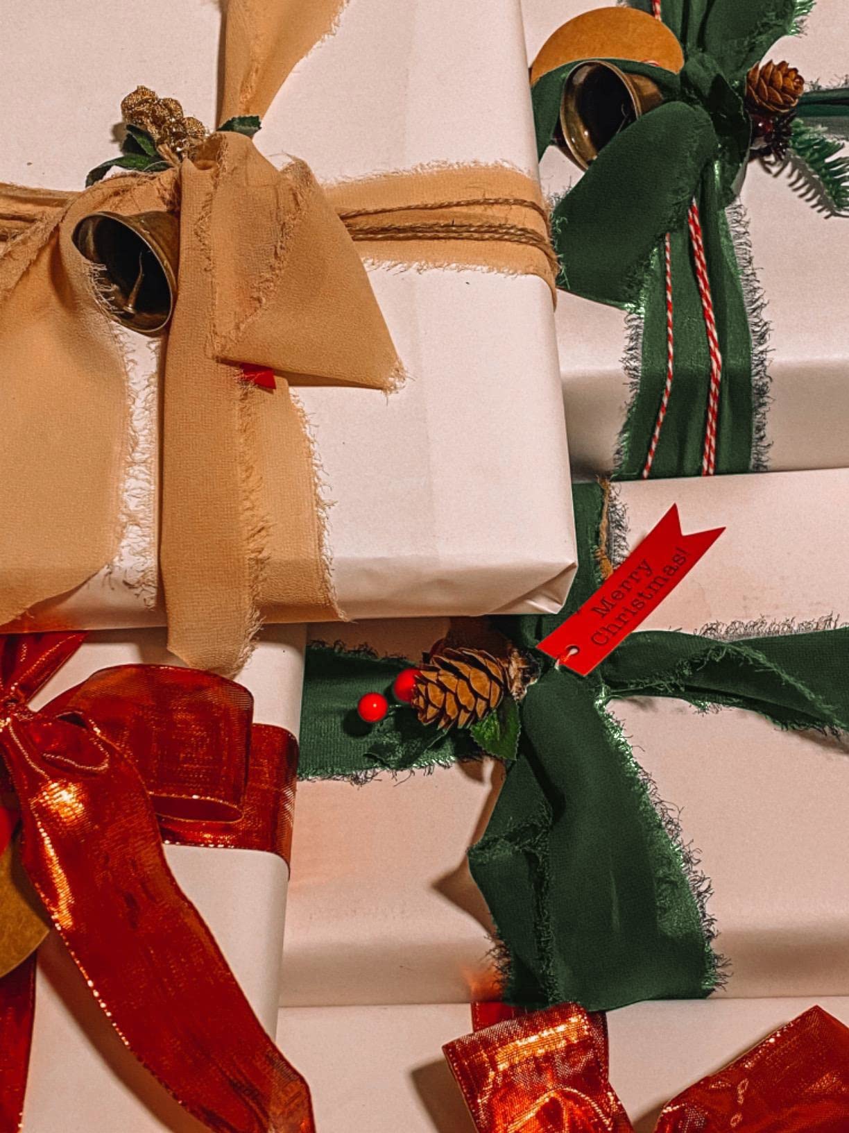 Christmas Chiffon Ribbon Handmade Frayed Fringe Sheer Boho Silk Ribbons for Gift Wrapping, Floral, Wedding Invitations, Bouquet, 1-1/2'' 5 Yards*4 Rolls