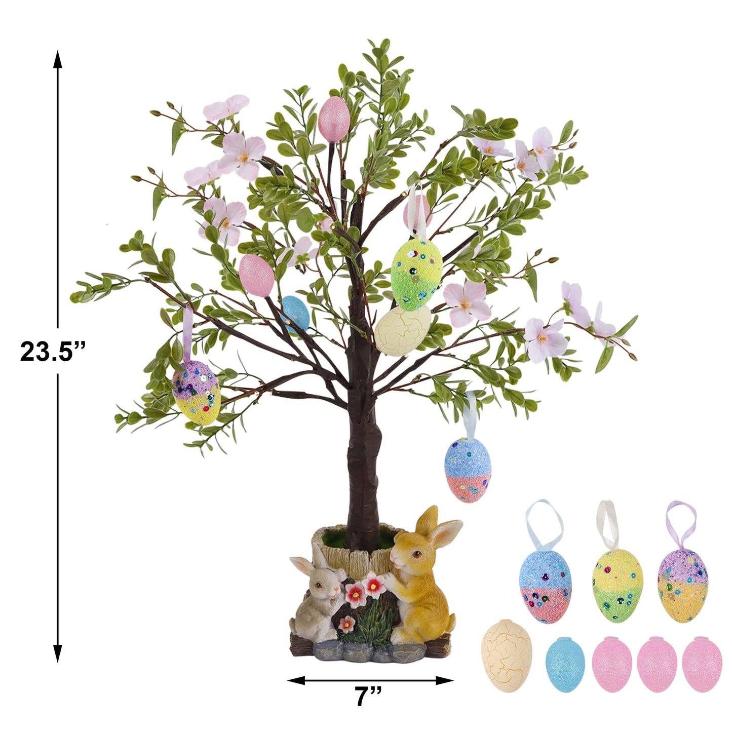 Lighted Easter Tree 23.5 Inch - Pre-Lit Easter Decorations for Table with Eggs & Bunny Pot, Spring Trees Centerpiece with Lights for Dining Room, Home, Mantel, Office Décor