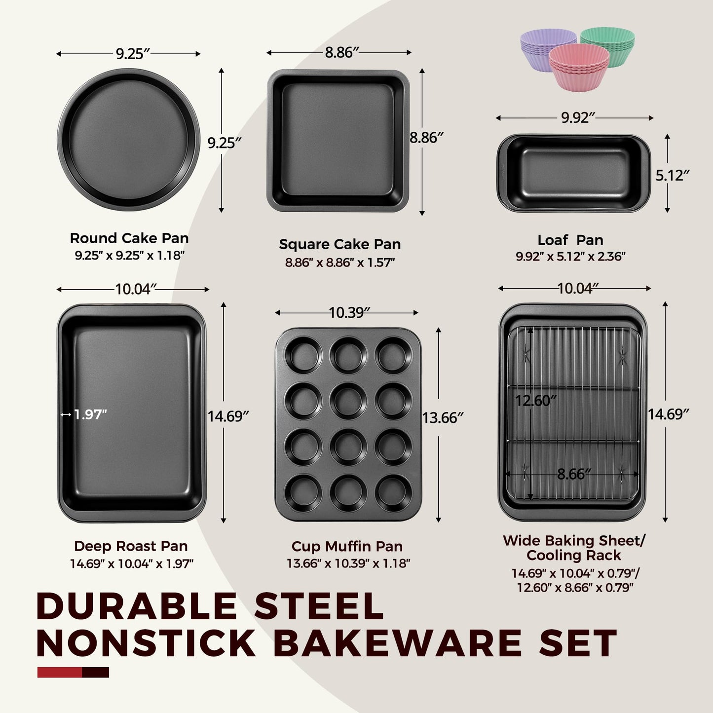 KITESSENSU Baking Pans Sets, Nonstick Bakeware Sets 19-Piece with Round/Square Cake Pan, Loaf Pan, Muffin Pan, Cookie Sheet, Roast Pan, Cooling Rack, Carbon Steel Bake Set