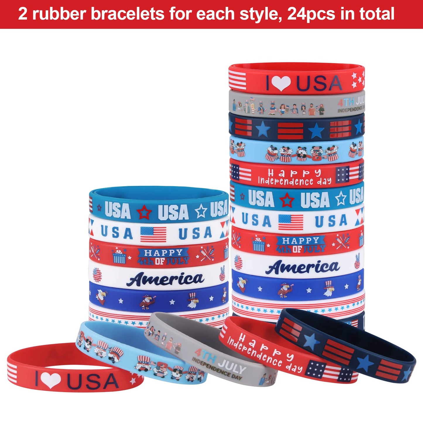 xutengy 48Pcs 4th of July Party Favors Patriotic Decorations American Flag Slap Bracelets Rubber Wristbands Red White and Blue Accessories for Independence Day