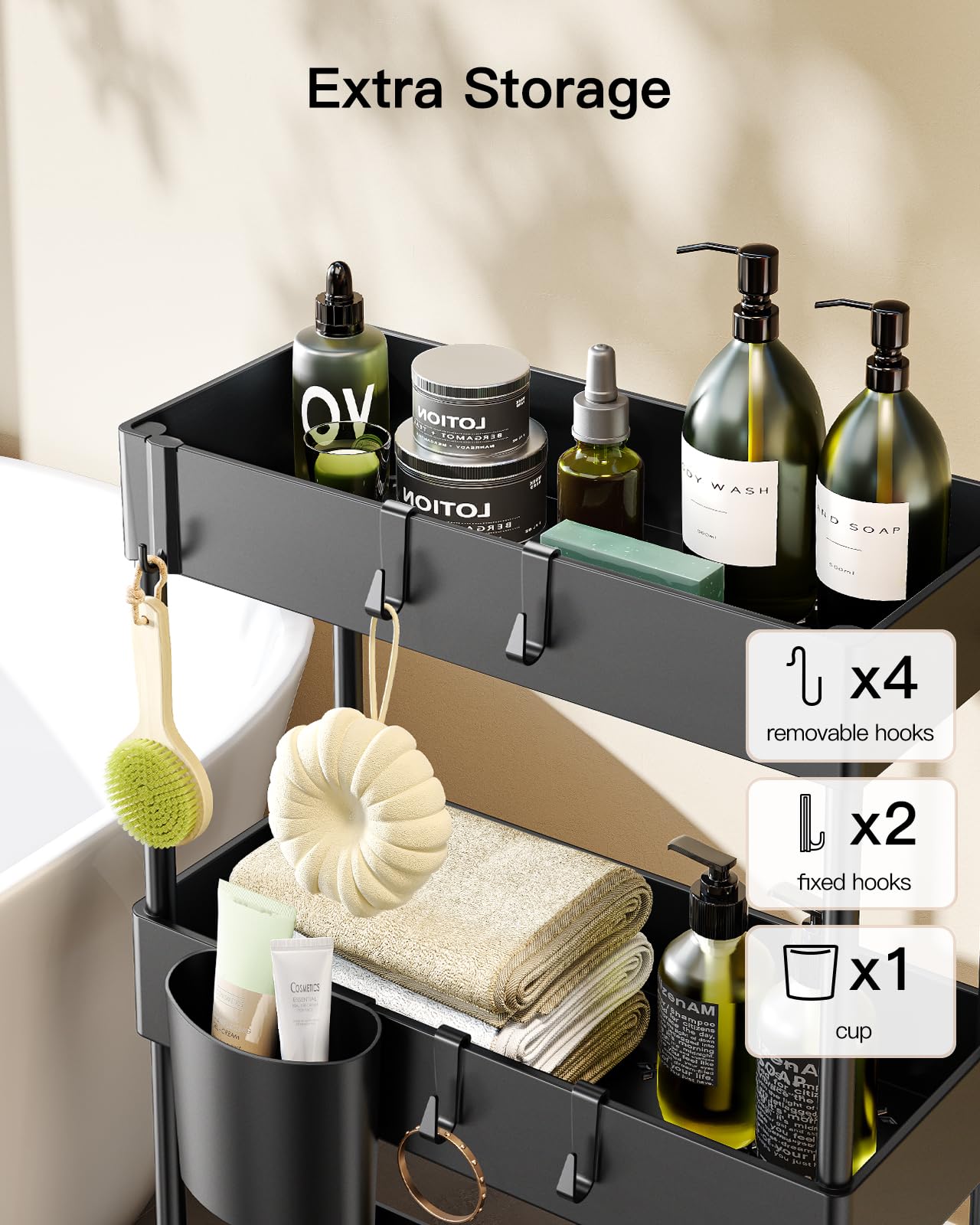 Pipishell Slim Storage Cart with Wheels, Bathroom Cart Organizer Bathroom Storage Small, Rolling Cart for Bathroom, Laundry Room, Kitchen, Narrow Space, Black PIUC04