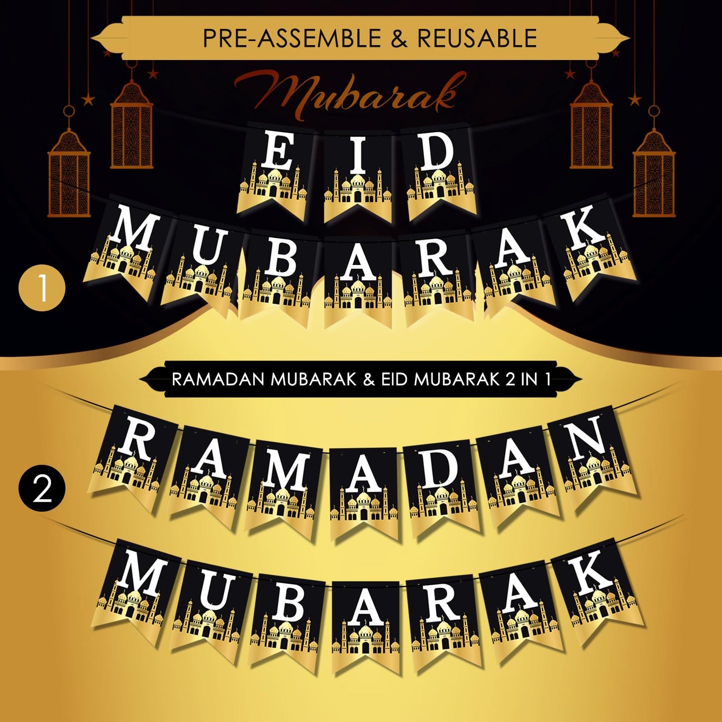 AhfuLife Ramadan Mubarak Decorations, Eid Decorations for Home - Preassembled Ramadan Eid Mubarak Banners, 16 Pcs Eid Balloons, 6 Pcs Islamic Star Moon Lantern Garland Streamer, 10 Pcs Cupcake Toppers