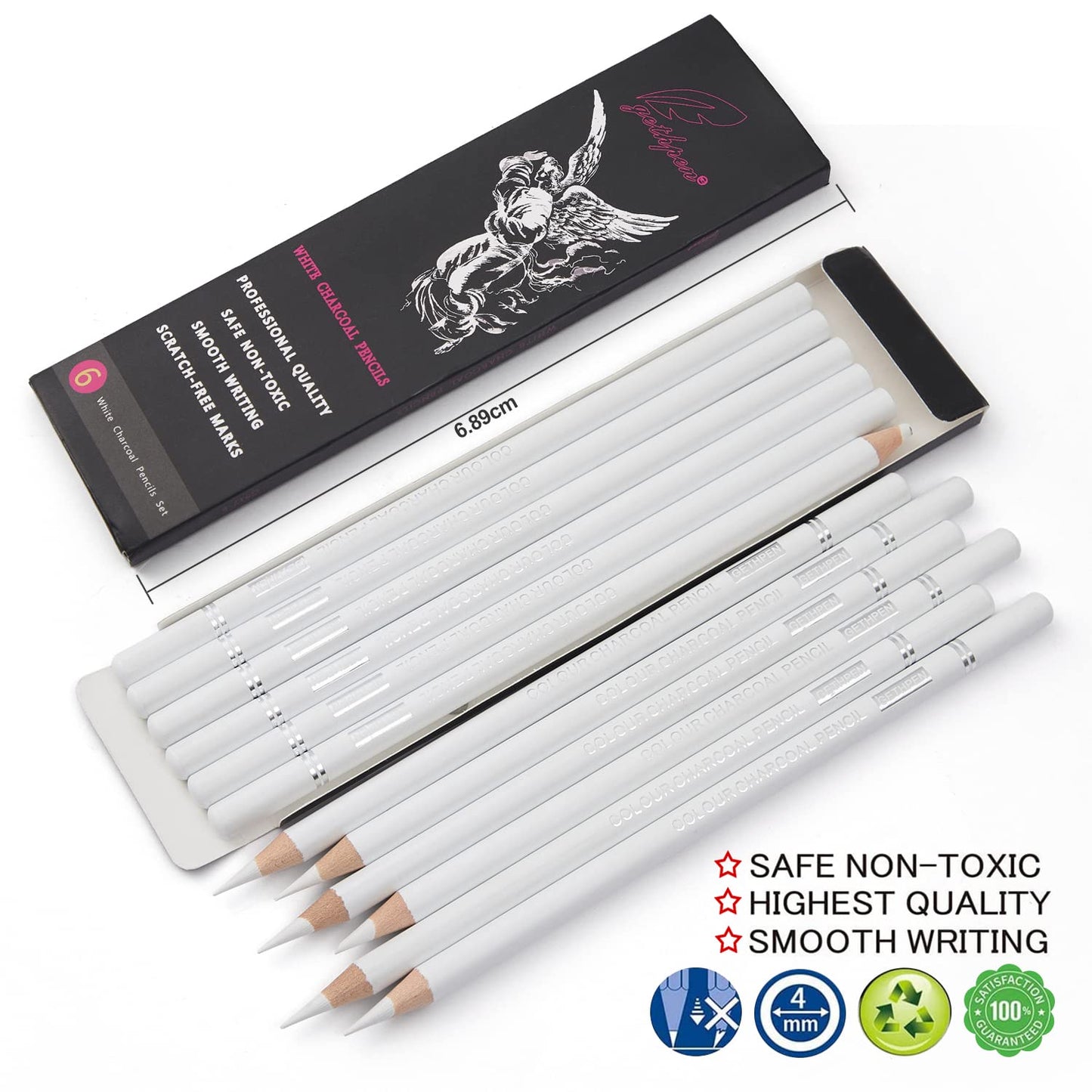 GETHPEN Professional White Charcoal Pencils Set - 6 Pieces Sketch Highlight White Pencils for Drawing, Sketching, Shading, Blending, White Chalk Pencils for Beginners & Artists