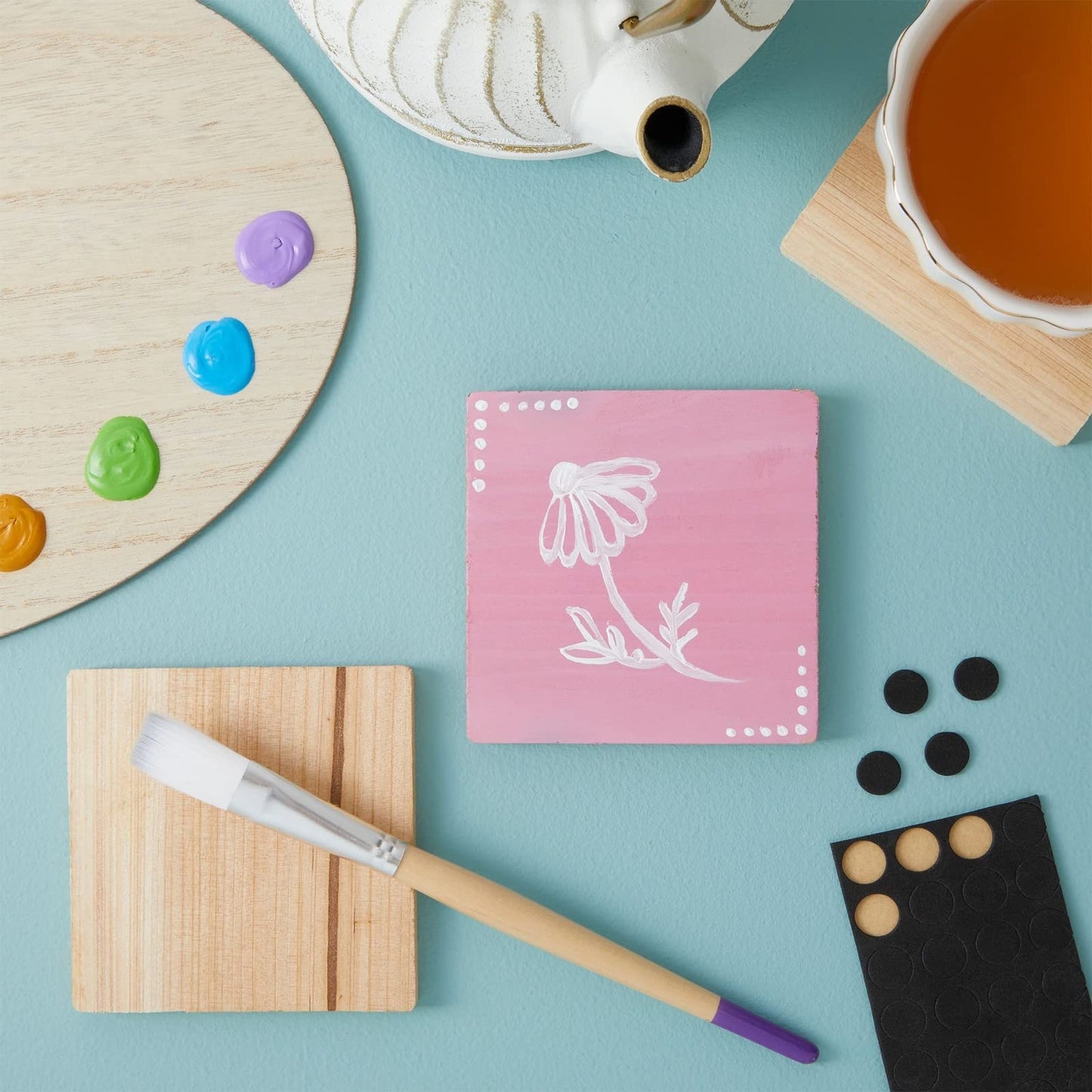 Sustainable Greetings Juvale 12 Pack Unfinished Wooden Coasters, Blank Wood Crafts Squares for DIY with Non-Slip Foam Dots (3.7 in) - Wood Coasters for Crafts