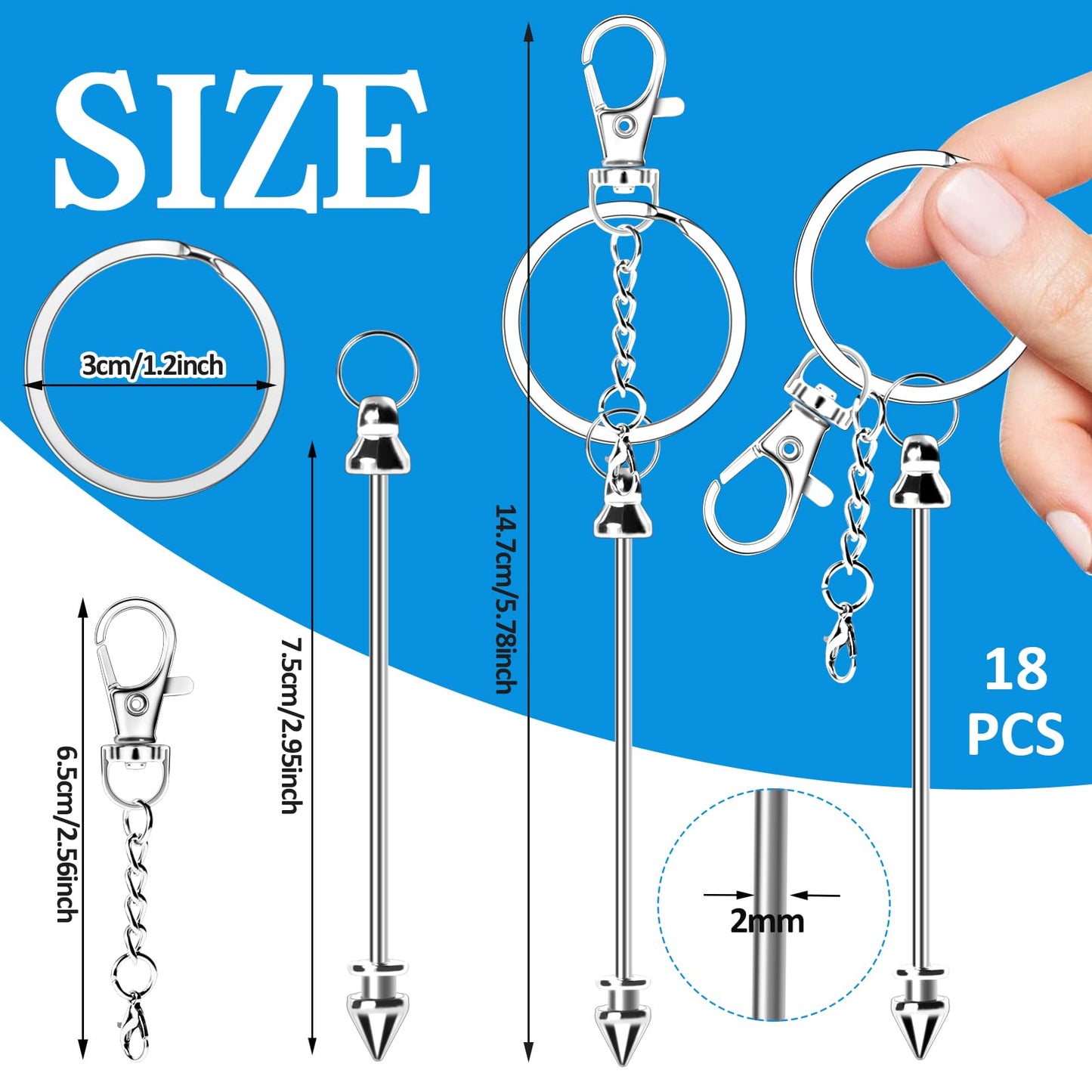 CXIIPOL 18 Pack Beadable Keychains Bars DIY Blank Beadable Keychains Metal Beaded Keychain Sliver Beads Keychain Making Kit for DIY Crafts Supplies Jewelry Making Gift