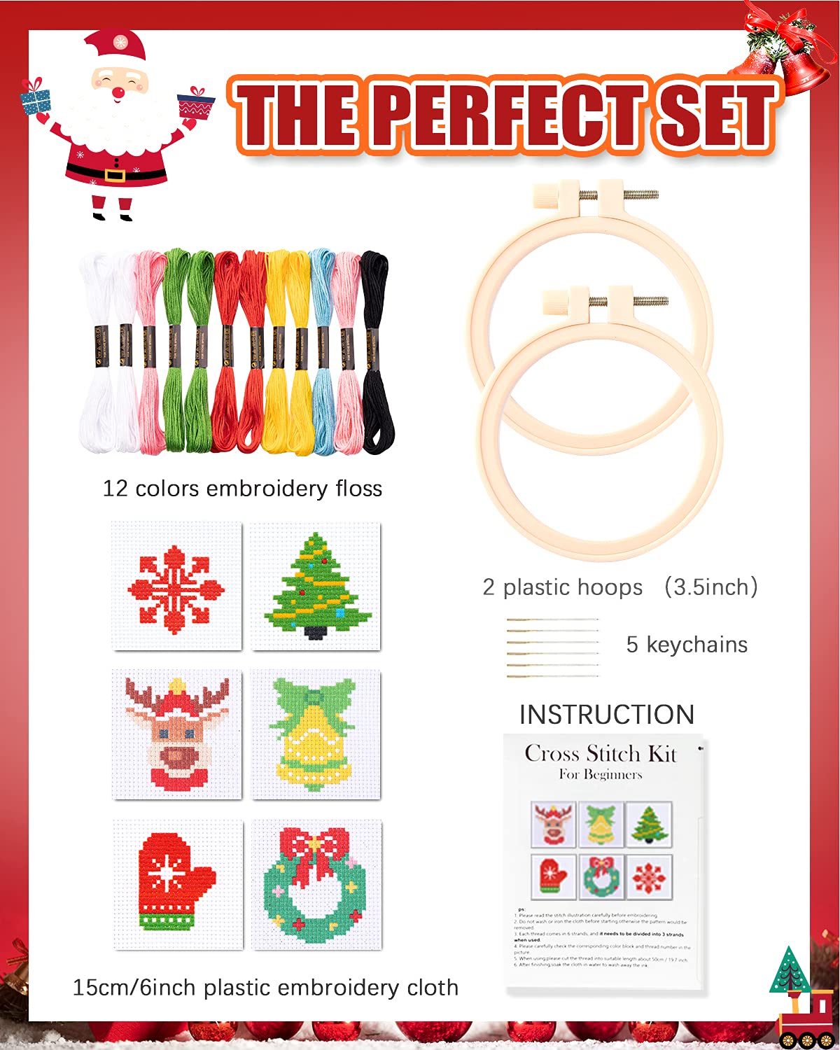 Pllieay Christmas Cross Stitch Beginner Kits for Kids 7-13, Includes 6pcs Project Cross Stitch Pattern and 2pcs Hoops, 14 Skeins Embroidery Floss, Needle Point Starter Kit Sewing Set with Instructions