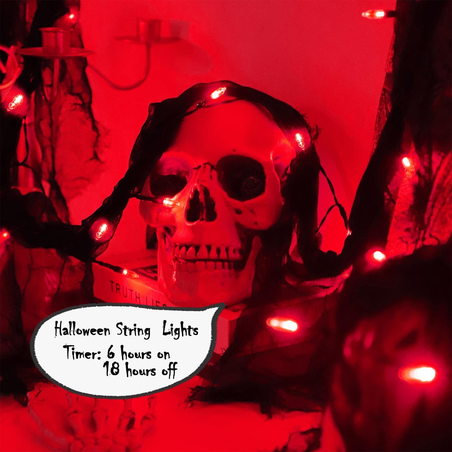 Halloween Decorations String Lights Red Indoor 30LED with Black Gauze Timer, 2Mode Battery Operated 9.9Ft Creepy Cloth Spooky Lights, Gothic Party Room Decor (1PACK