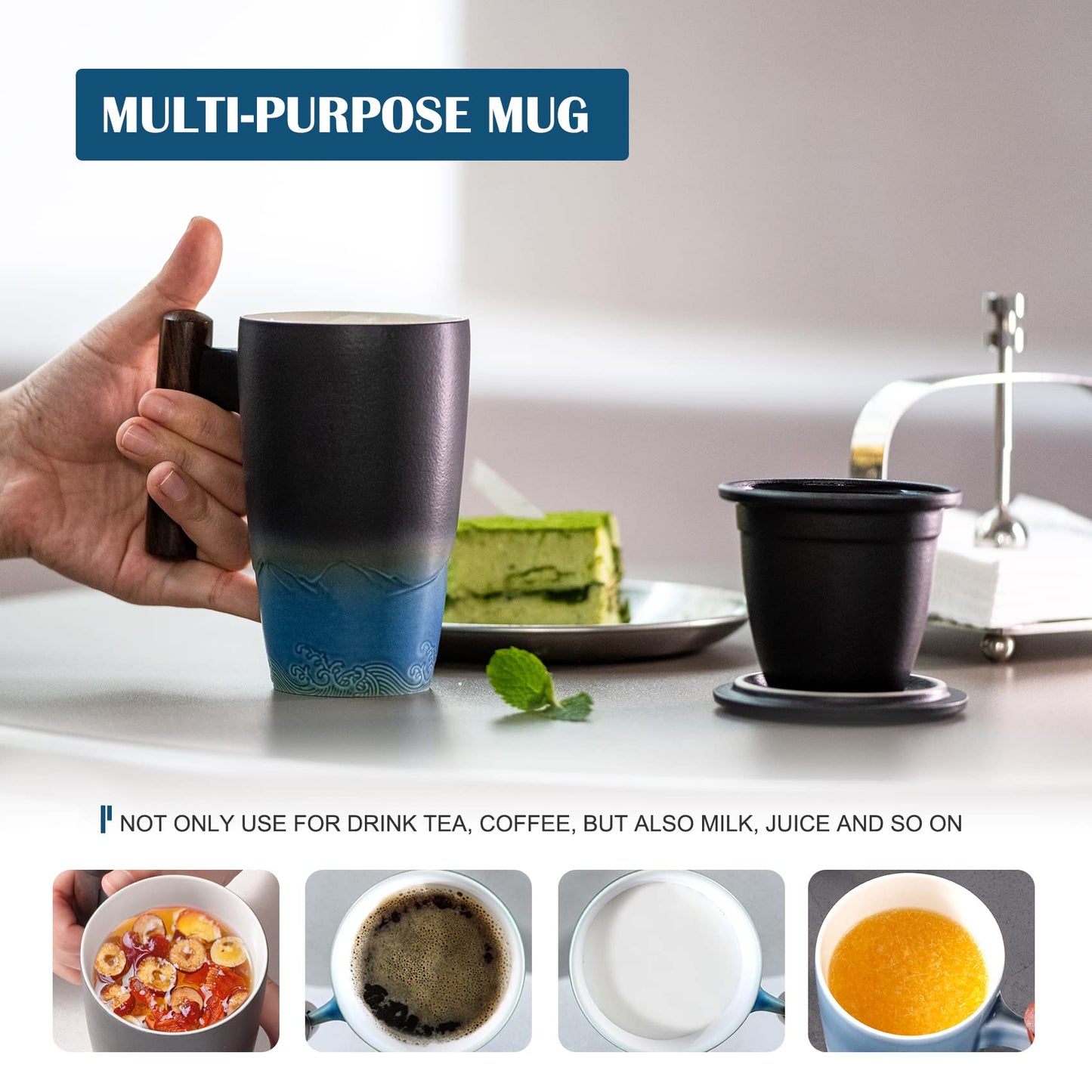 Tomotime Ceramic Tea Cup with Infuser and Lid Tea Mugs Wooden Handle 400ml/13.5oz Black cyan