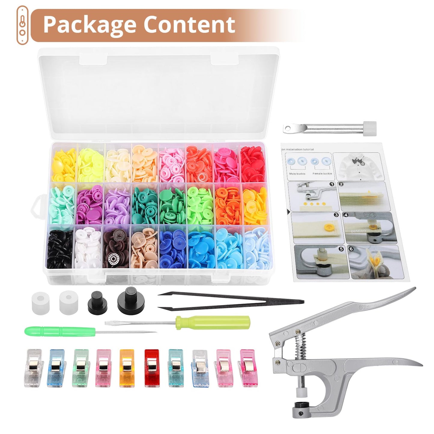 Snaps and Snap Pliers Set, 408 Sets T5 Plastic Snap Buttons 24 Colors, Snap Fasteners Snap Press Pliers Snaps Starter Kit Snap Setter Tool for Clothes Sewing Bibs Rain Coat DIY Crafting