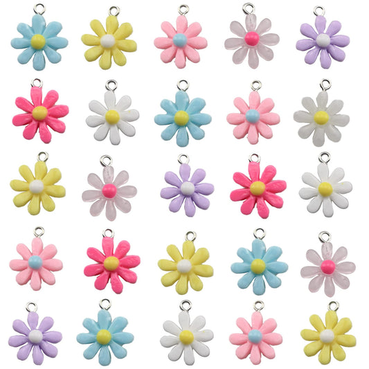 Fundiyoug 30Pcs Daisy Flower Pendant Charms Colorful Resin Jewelry Making Ornament DIY Pendant Making Charm for Bracelet Necklace Earrings Keychain Craft