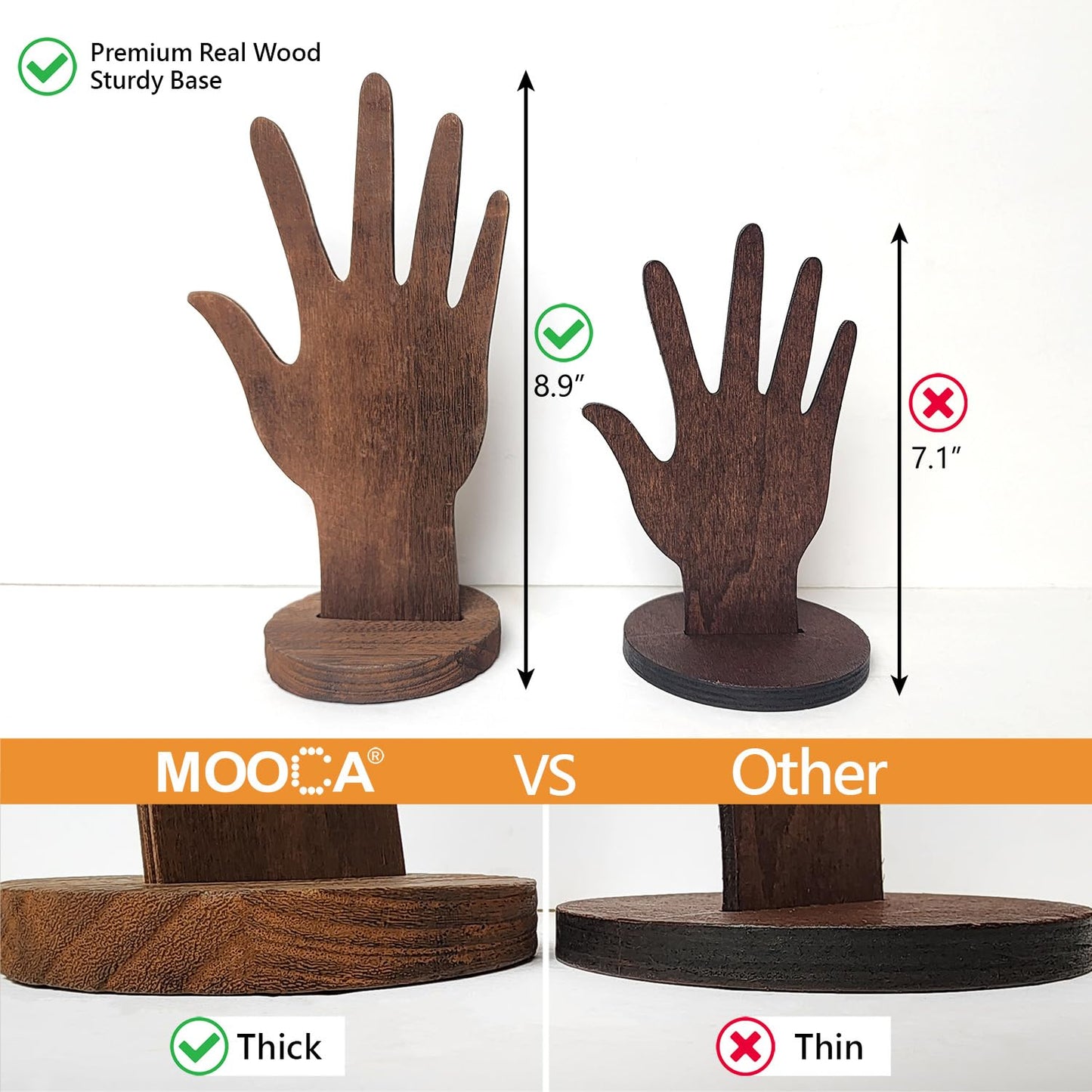 MOOCA 6-Piece Wooden Hand Form Jewelry Display Set - 2-Way Design for Wall Hanging or Standalone Mannequin Finger Hand Display, Brown Color