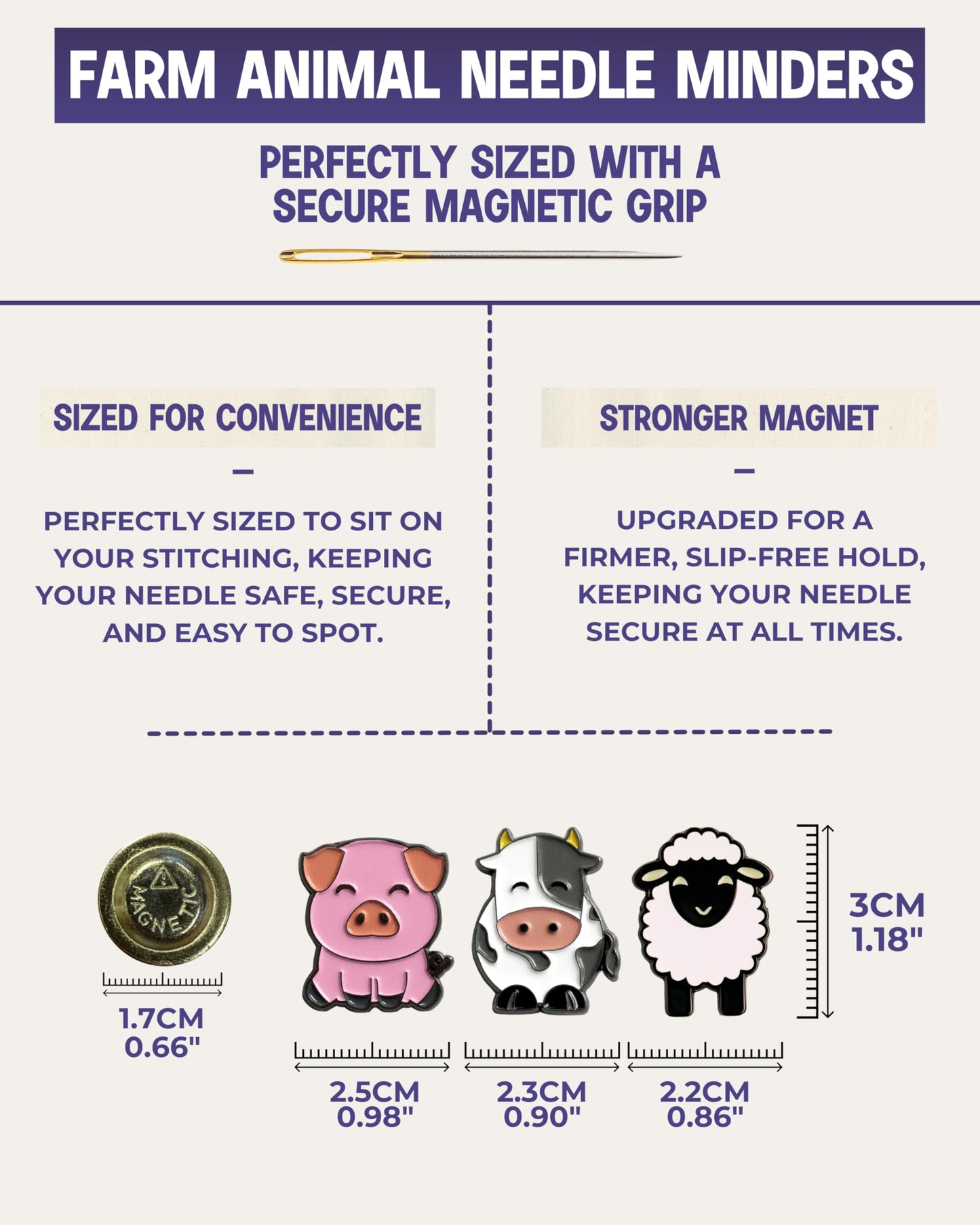 The Quilted Bear Needle Minder - Needle Minder Magnet for Keeping Sewing & Embroidery Needles, Cross Stitch Needles Safe When Stitching Cross Stitch Supplies & Embroidery Supplies (Sheep, Cow & Pig)